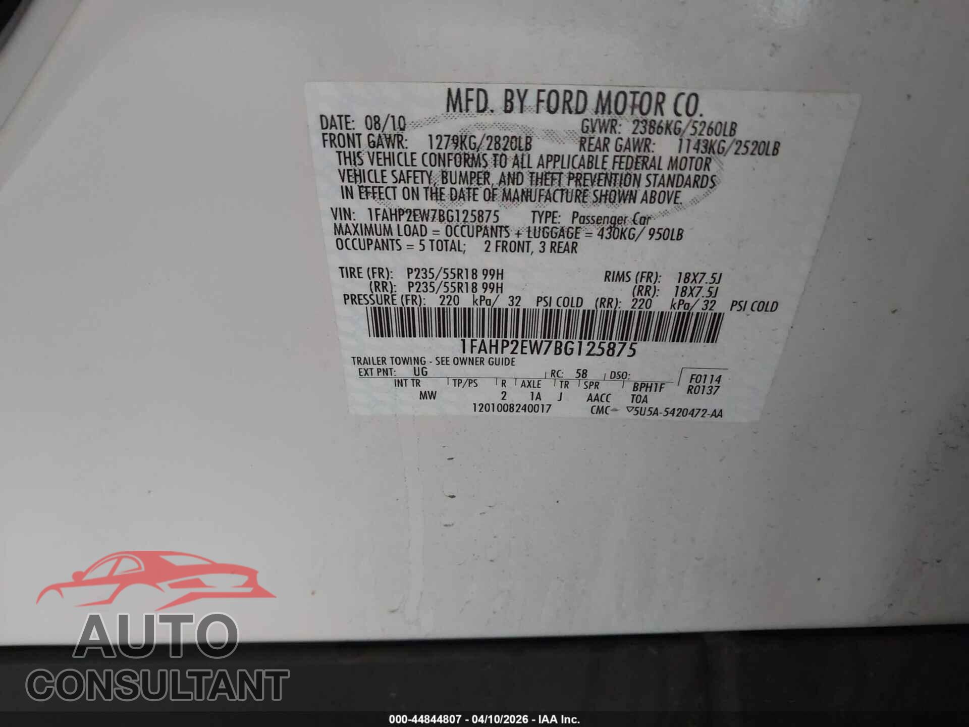 FORD TAURUS 2011 - 1FAHP2EW7BG125875