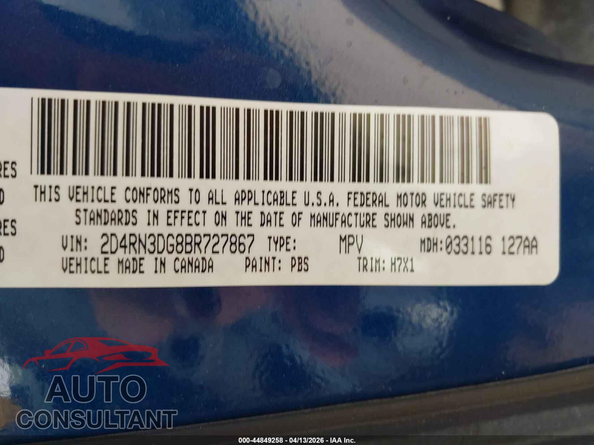 DODGE GRAND CARAVAN 2011 - 2D4RN3DG8BR727867