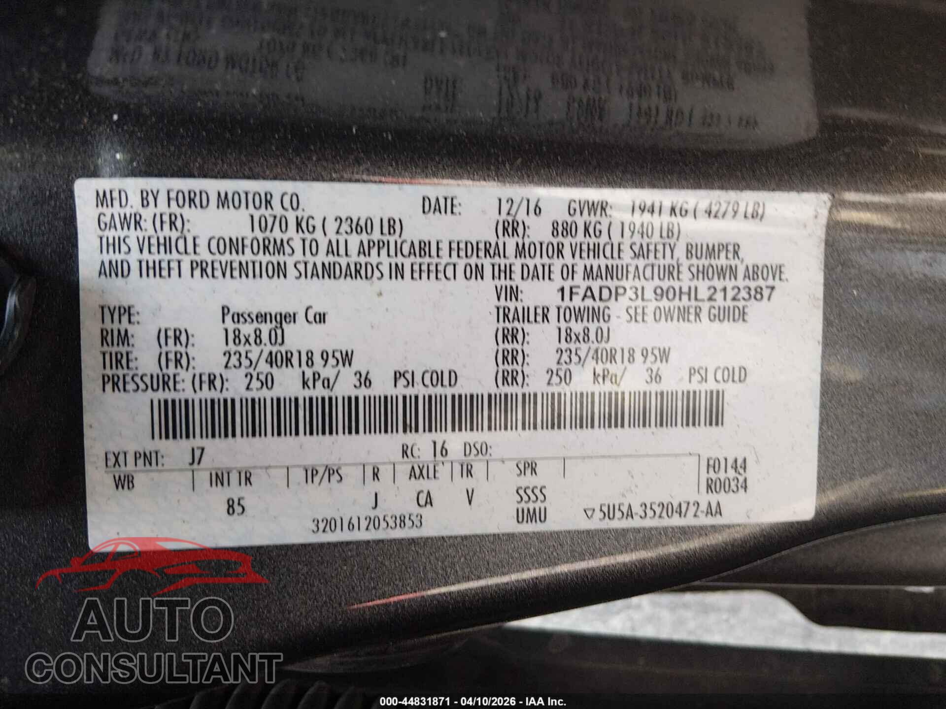FORD FOCUS ST 2017 - 1FADP3L90HL212387