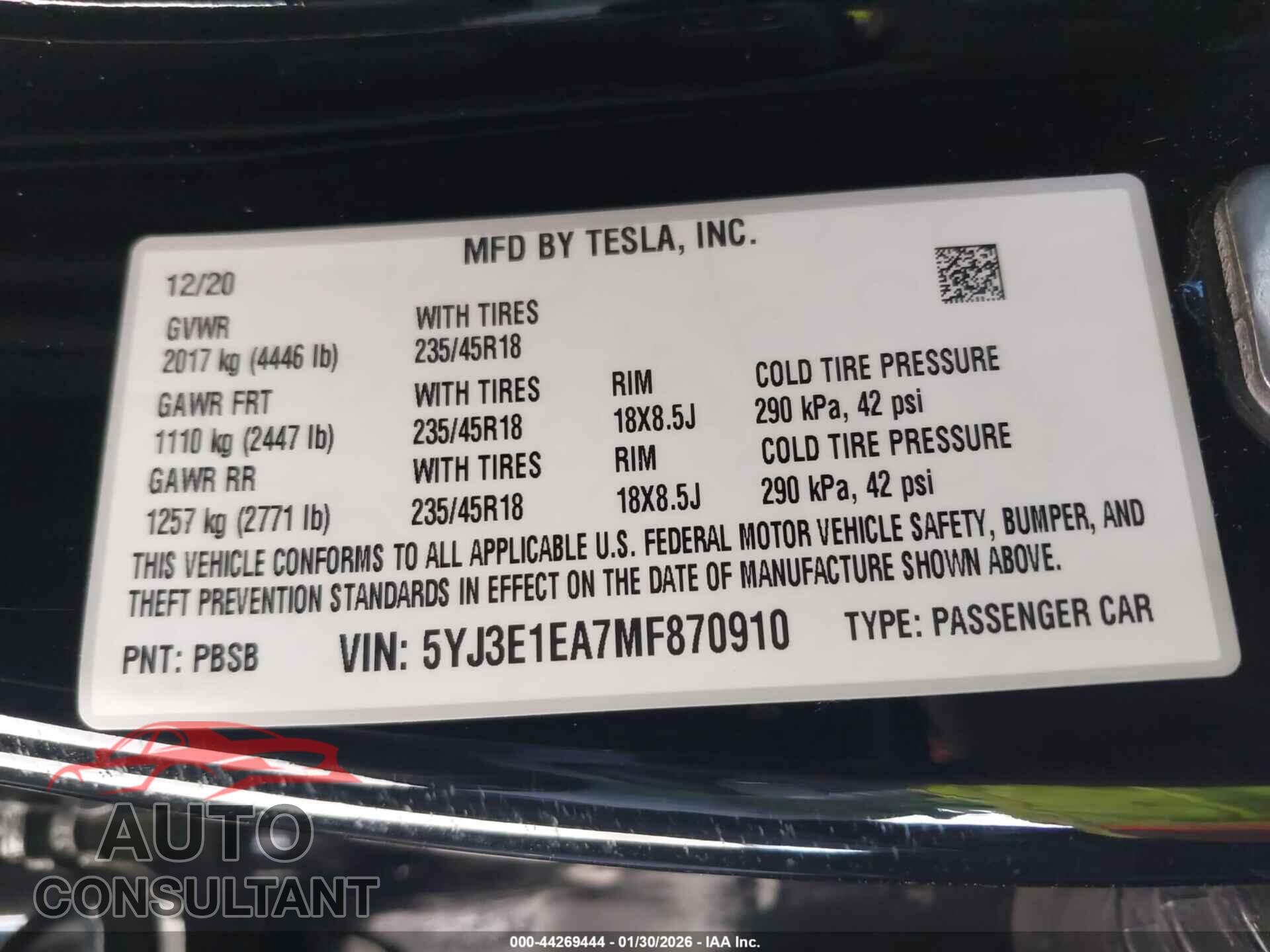 TESLA MODEL 3 2021 - 5YJ3E1EA7MF870910