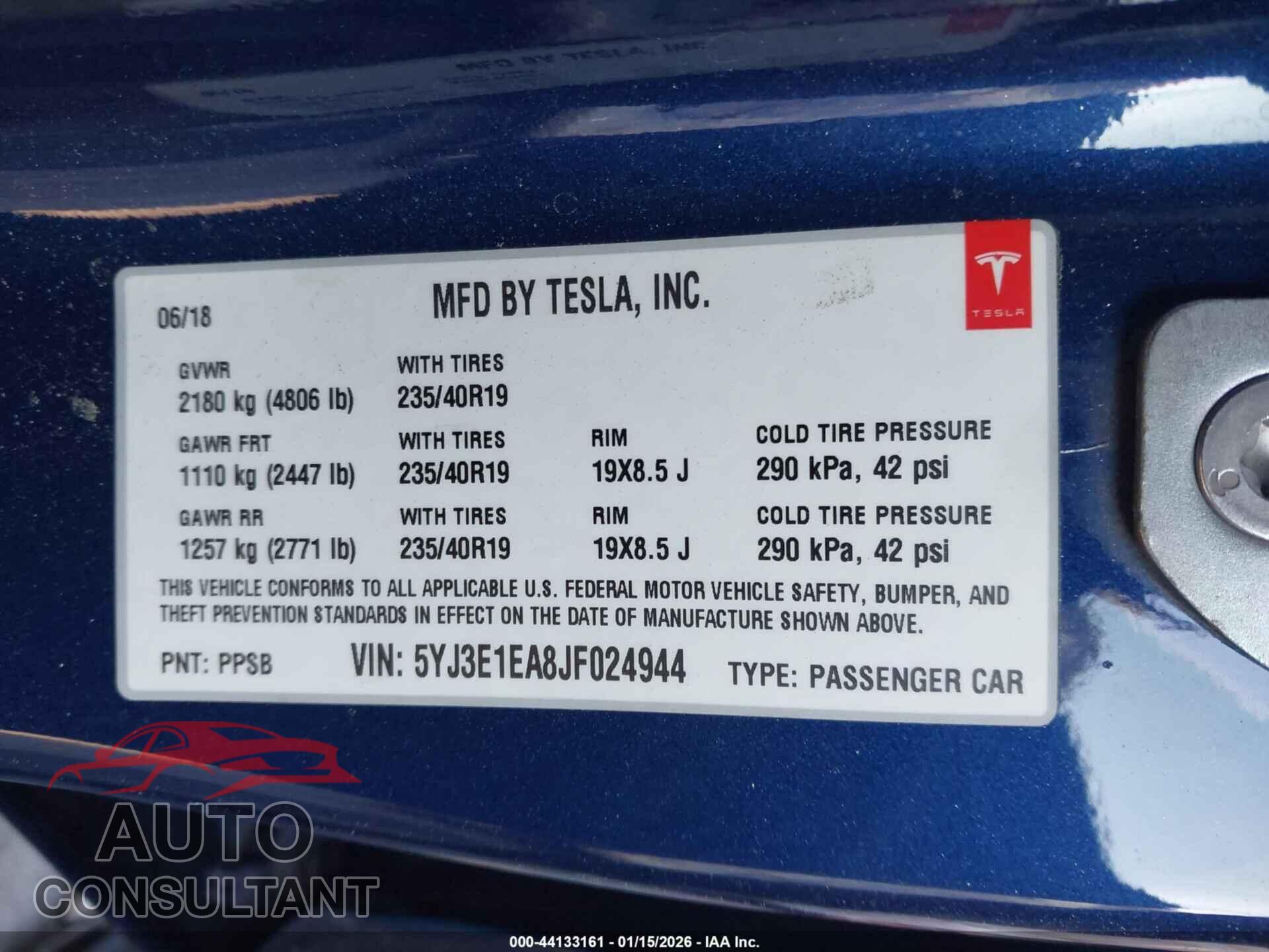 TESLA MODEL 3 2018 - 5YJ3E1EA8JF024944