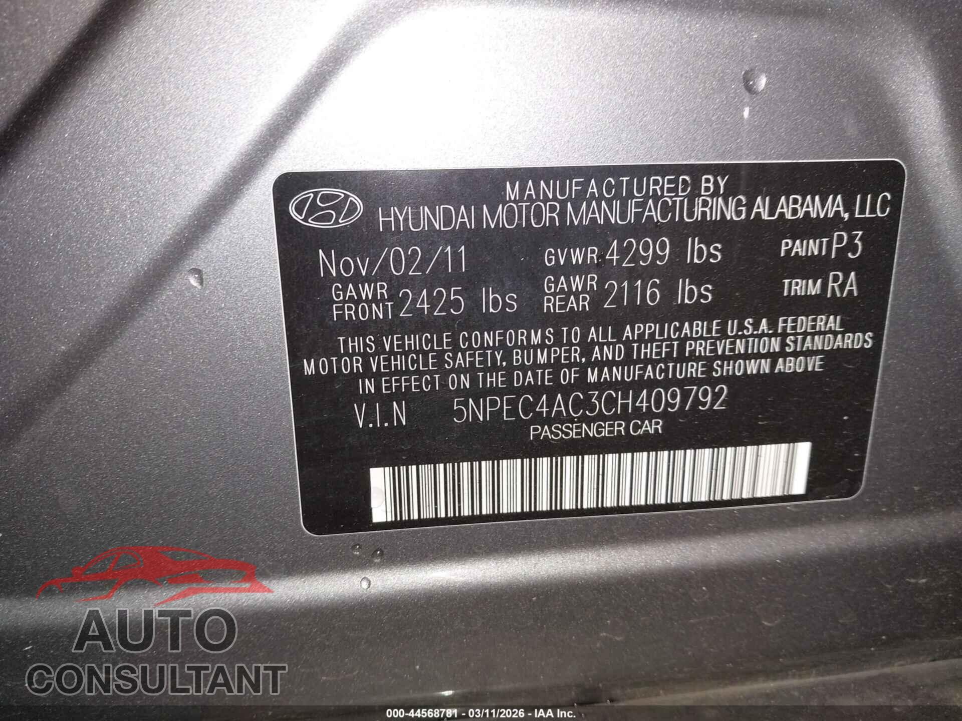 HYUNDAI SONATA 2012 - 5NPEC4AC3CH409792