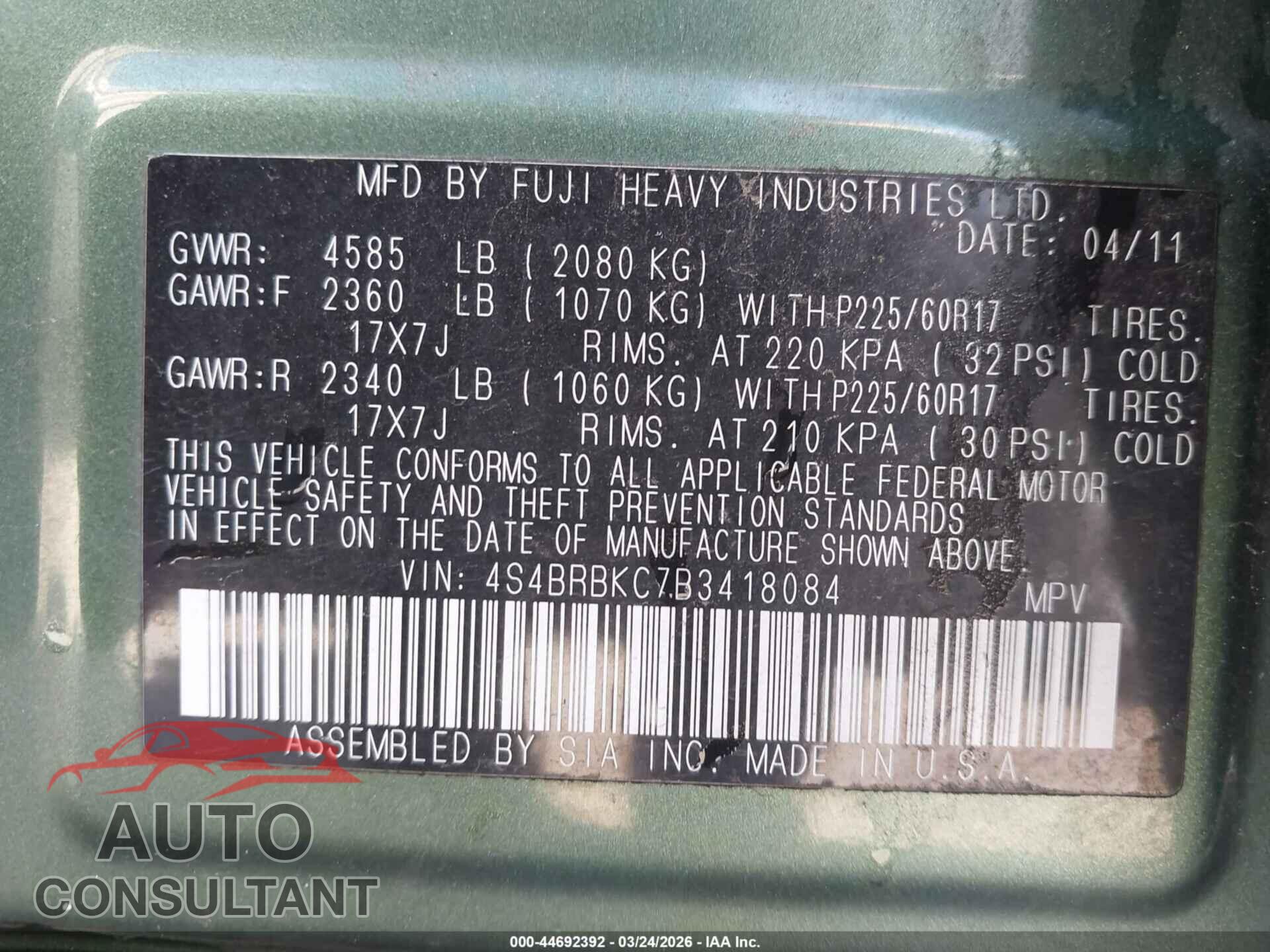 SUBARU OUTBACK 2011 - 4S4BRBKC7B3418084