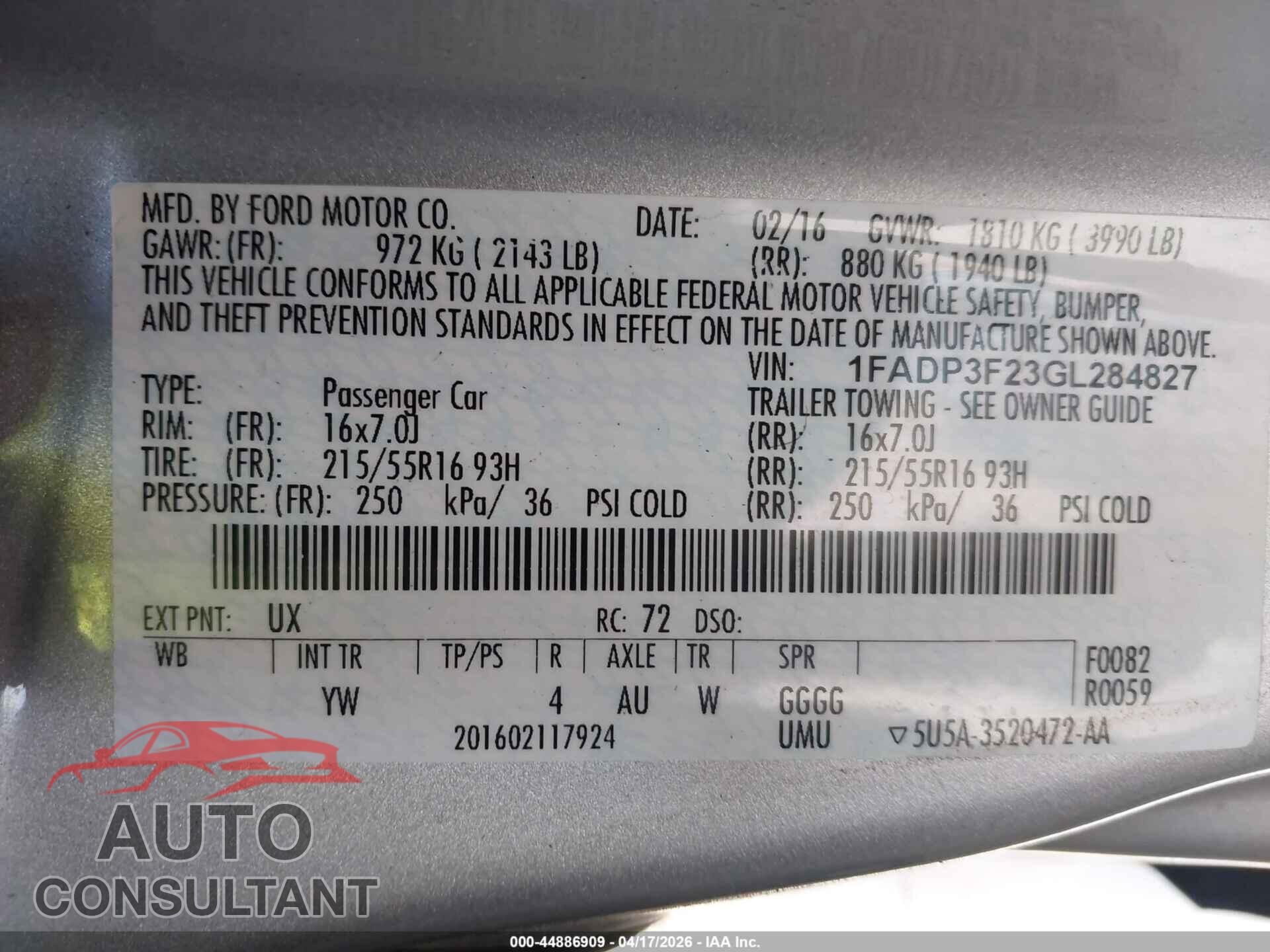 FORD FOCUS 2016 - 1FADP3F23GL284827
