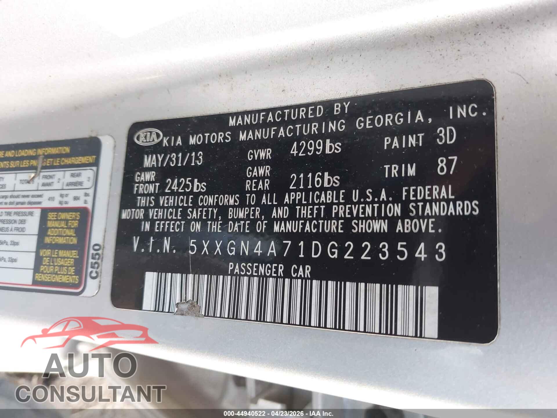 KIA OPTIMA 2013 - 5XXGN4A71DG223543