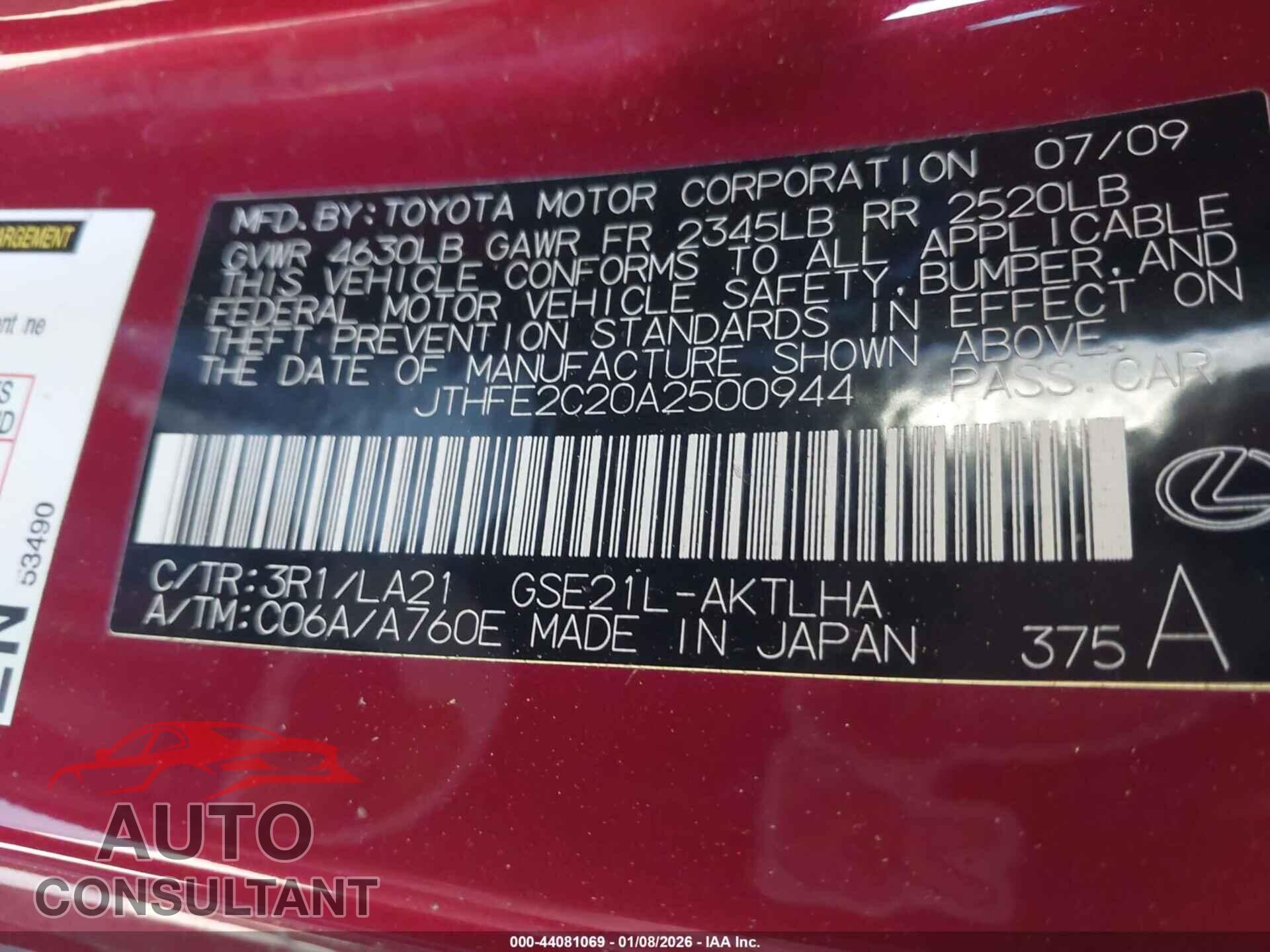 LEXUS IS 350C 2010 - JTHFE2C20A2500944