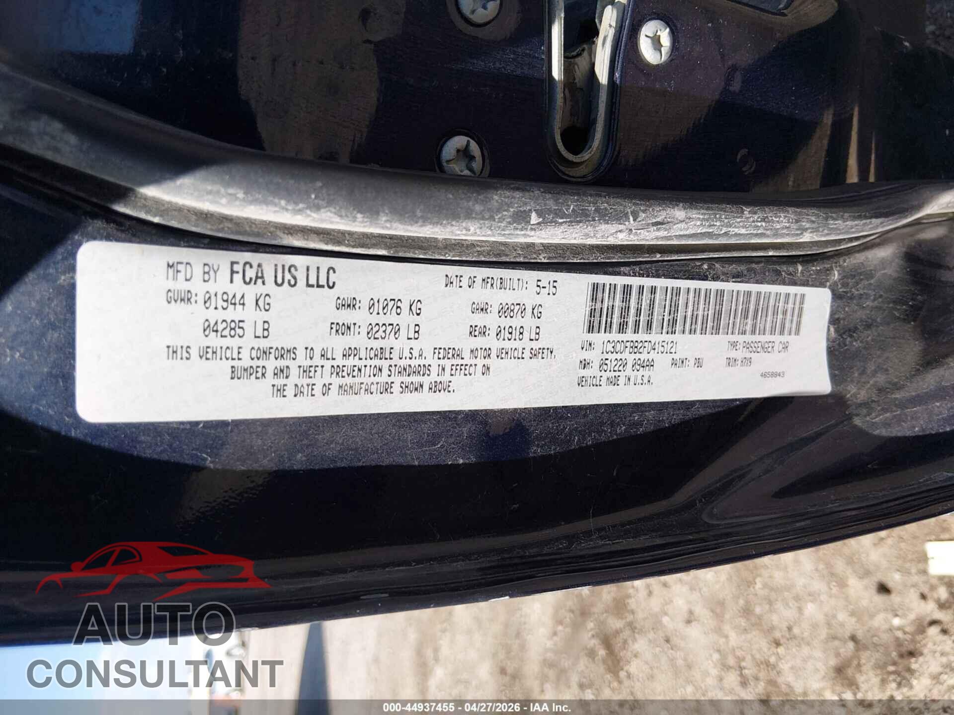 DODGE DART 2015 - 1C3CDFBB2FD415121