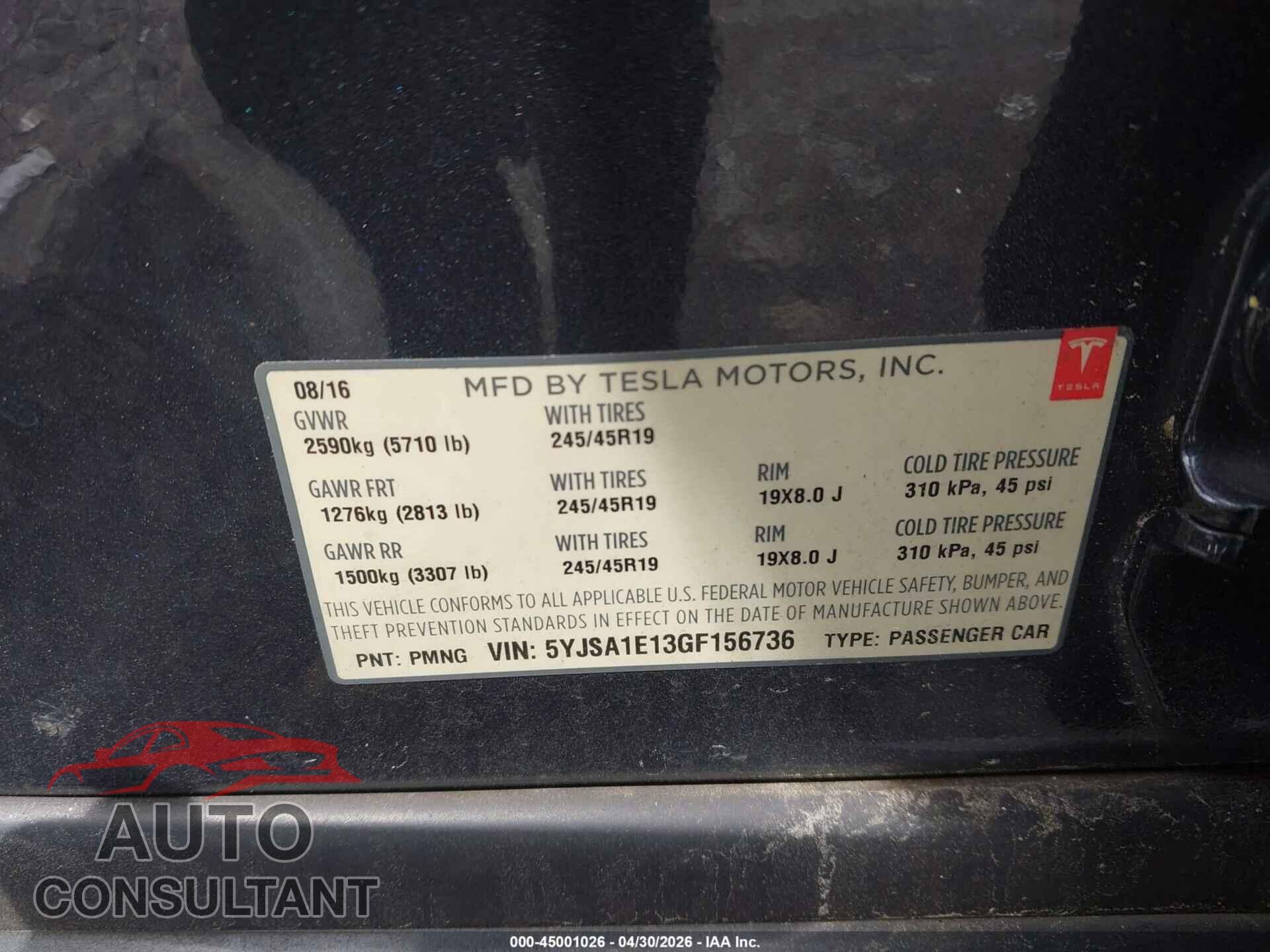 TESLA MODEL S 2016 - 5YJSA1E13GF156736