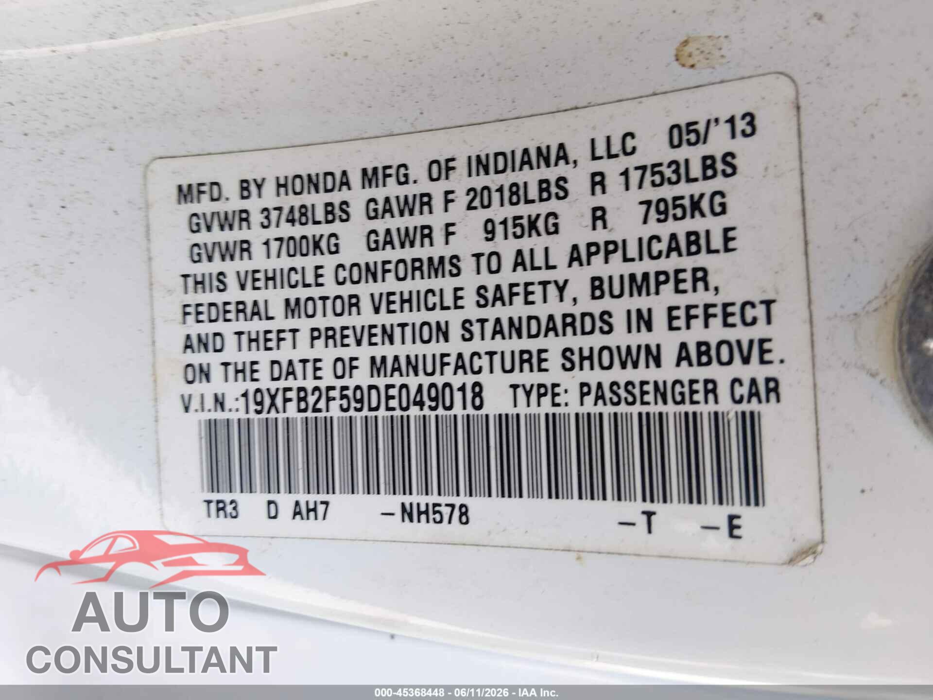 HONDA CIVIC 2013 - 19XFB2F59DE049018