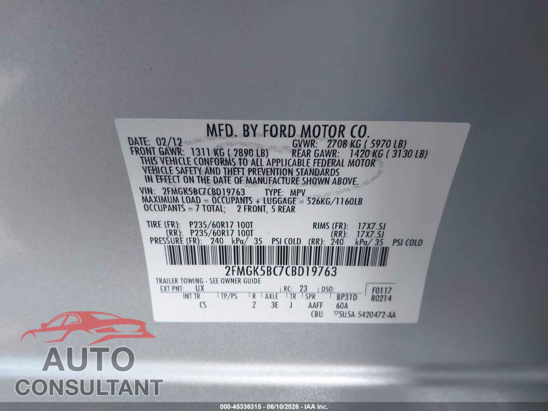 FORD FLEX 2012 - 2FMGK5BC7CBD19763