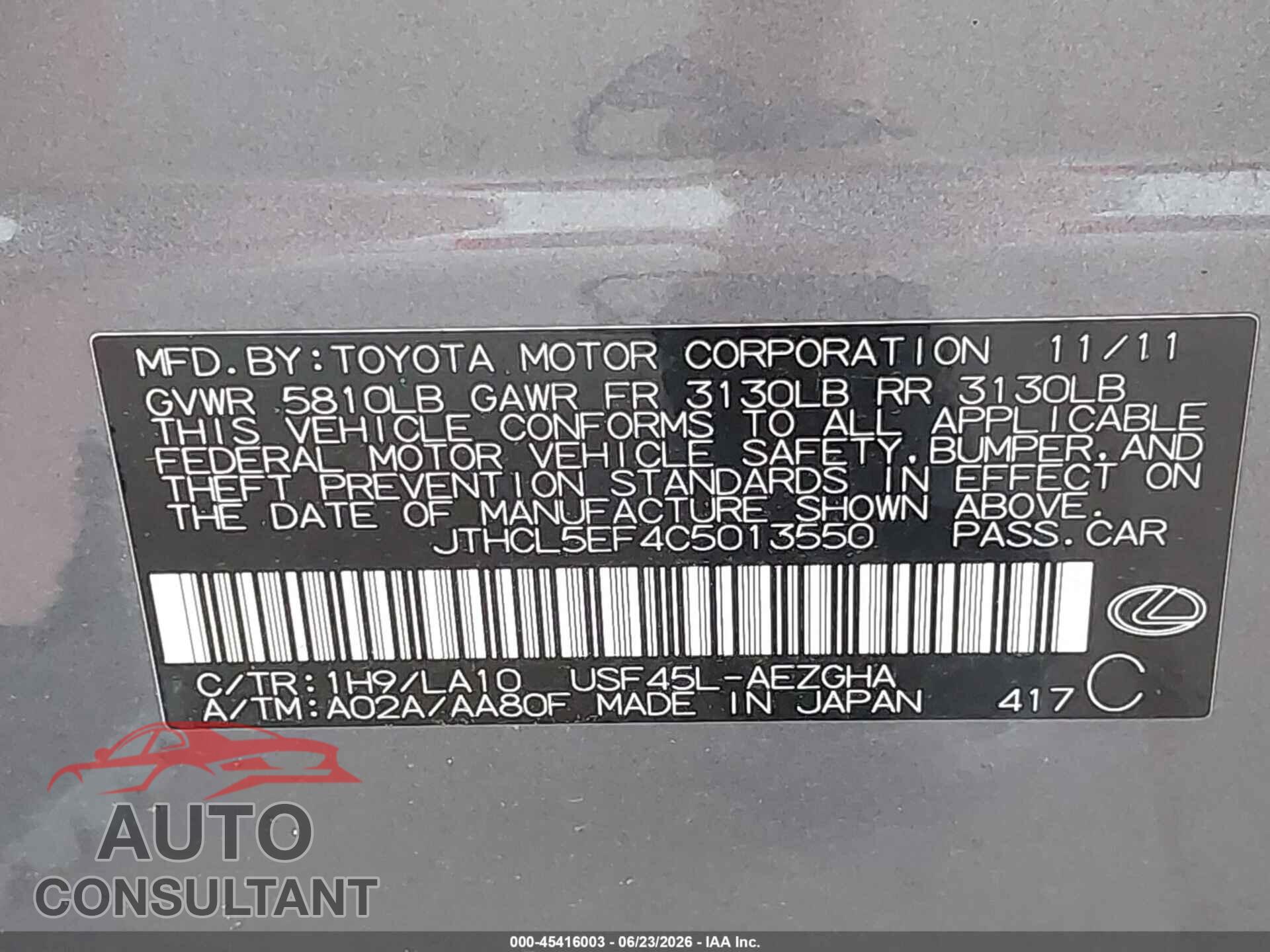 LEXUS LS 460 2012 - JTHCL5EF4C5013550