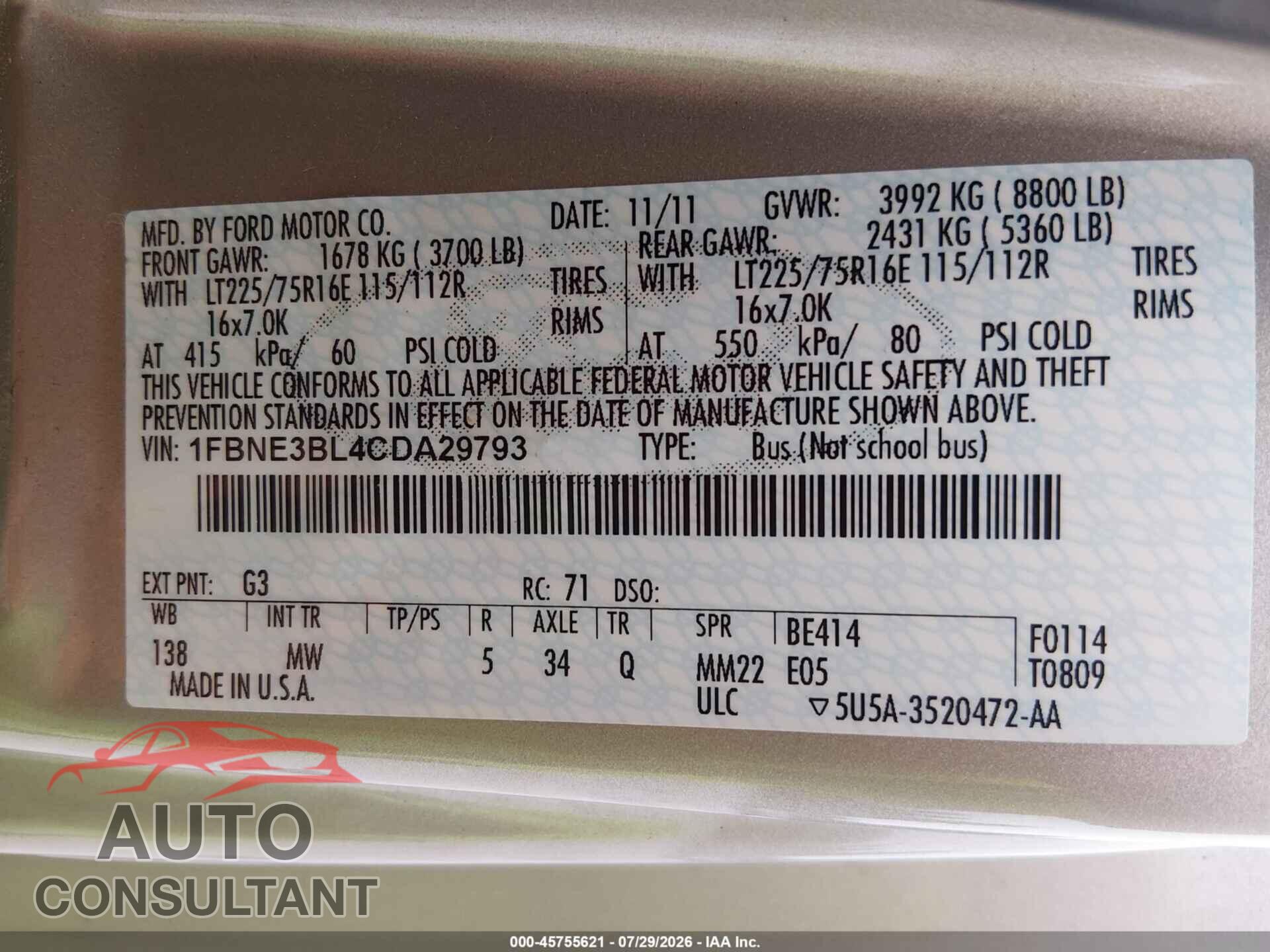 FORD E-350 SUPER DUTY 2012 - 1FBNE3BL4CDA29793
