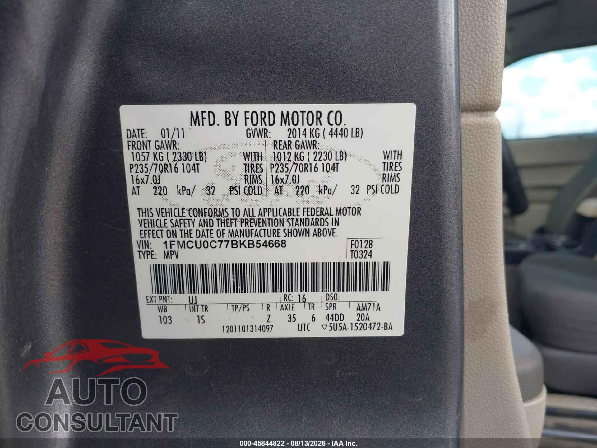 FORD ESCAPE 2011 - 1FMCU0C77BKB54668