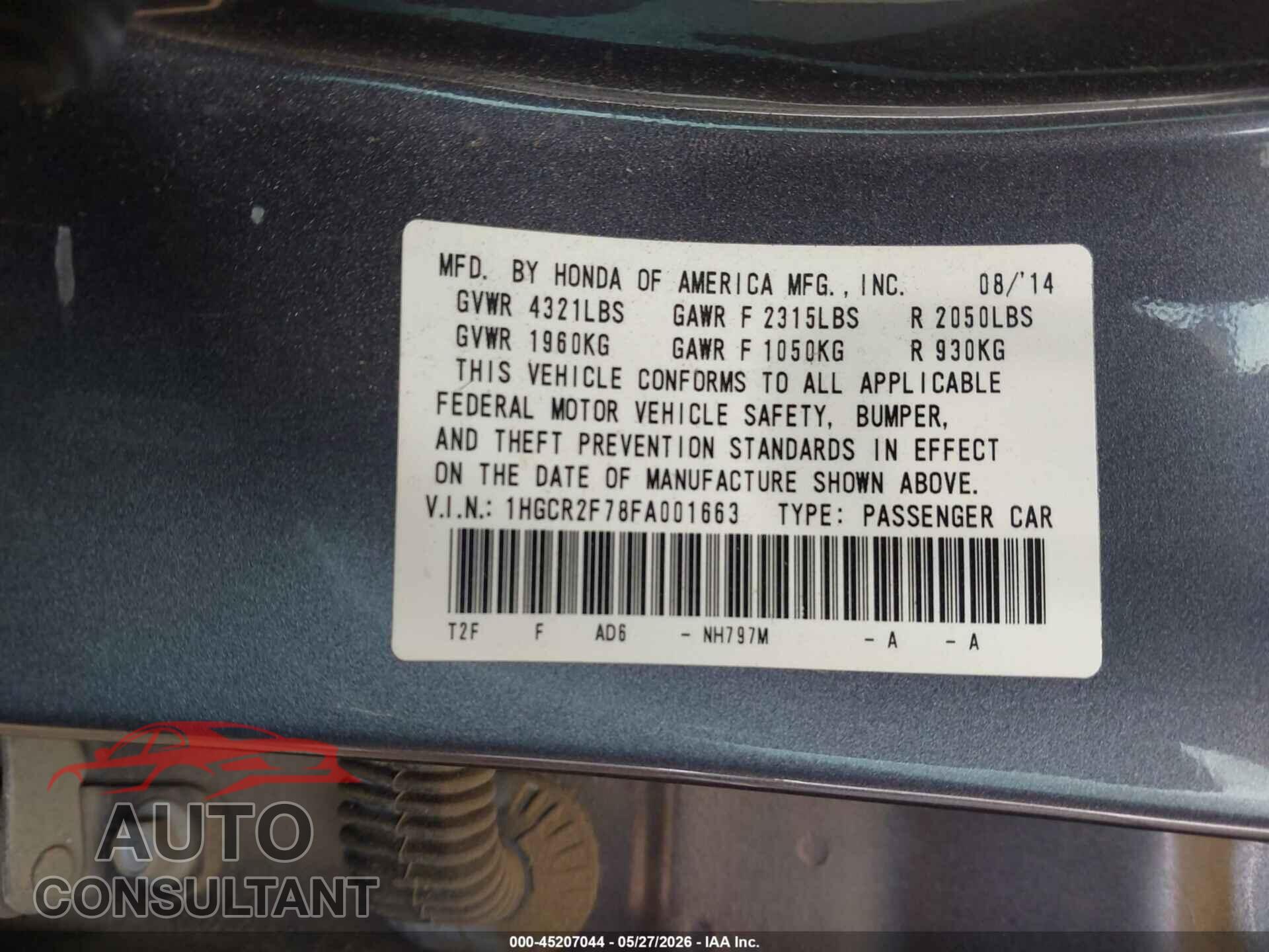 HONDA ACCORD 2015 - 1HGCR2F78FA001663