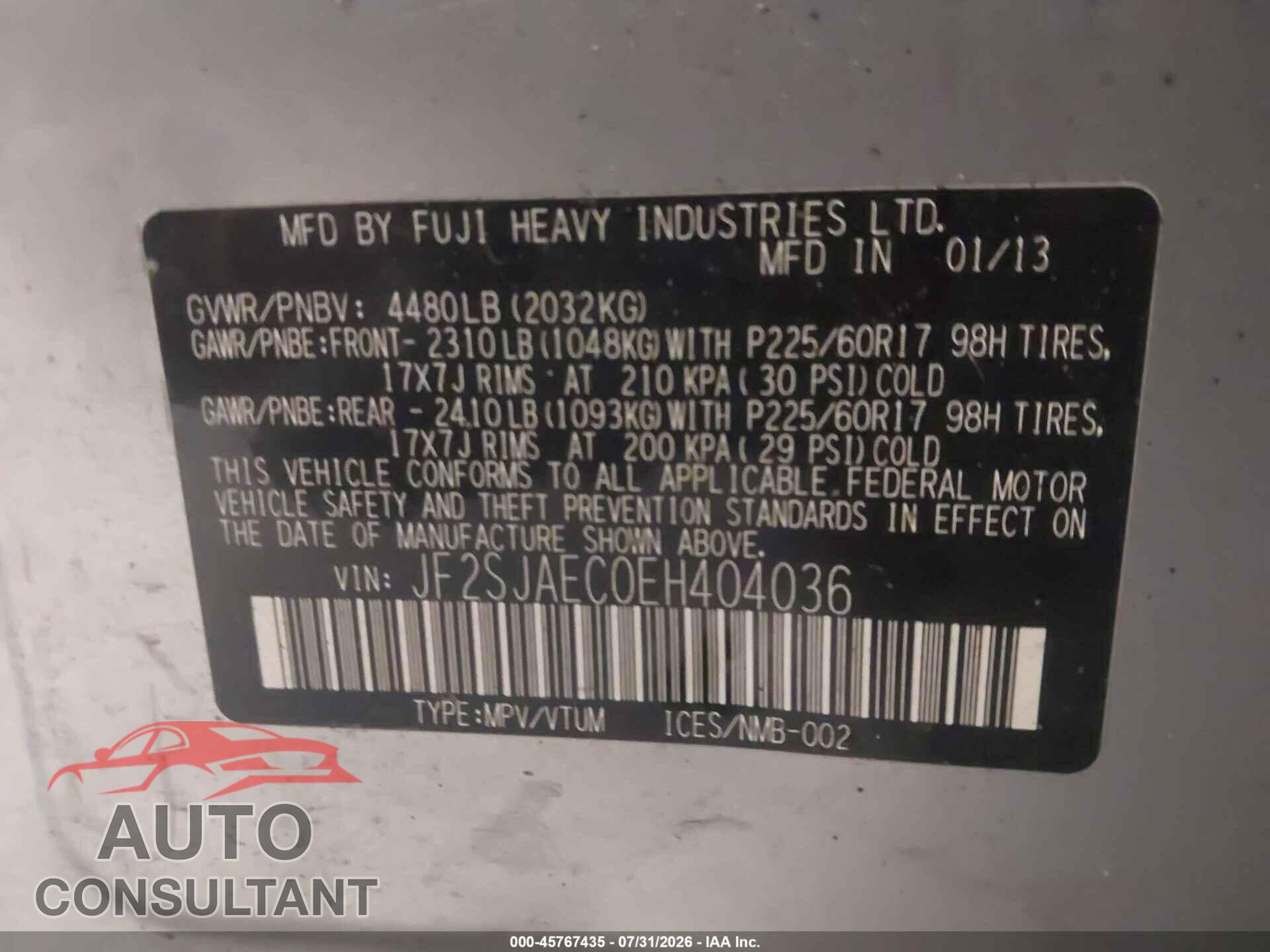 SUBARU FORESTER 2014 - JF2SJAEC0EH404036