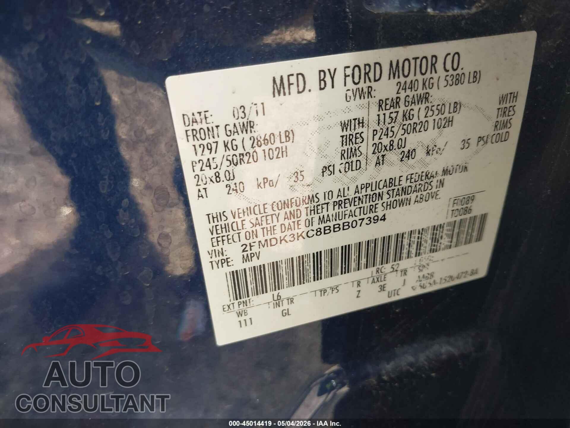 FORD EDGE 2011 - 2FMDK3KC8BBB07394