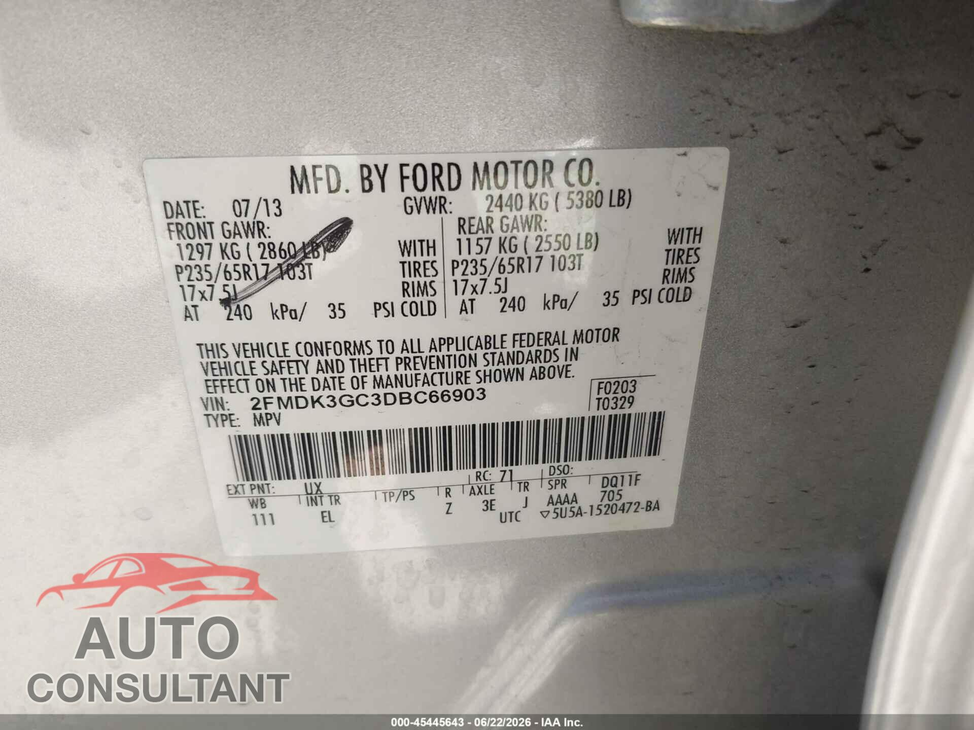 FORD EDGE 2013 - 2FMDK3GC3DBC66903