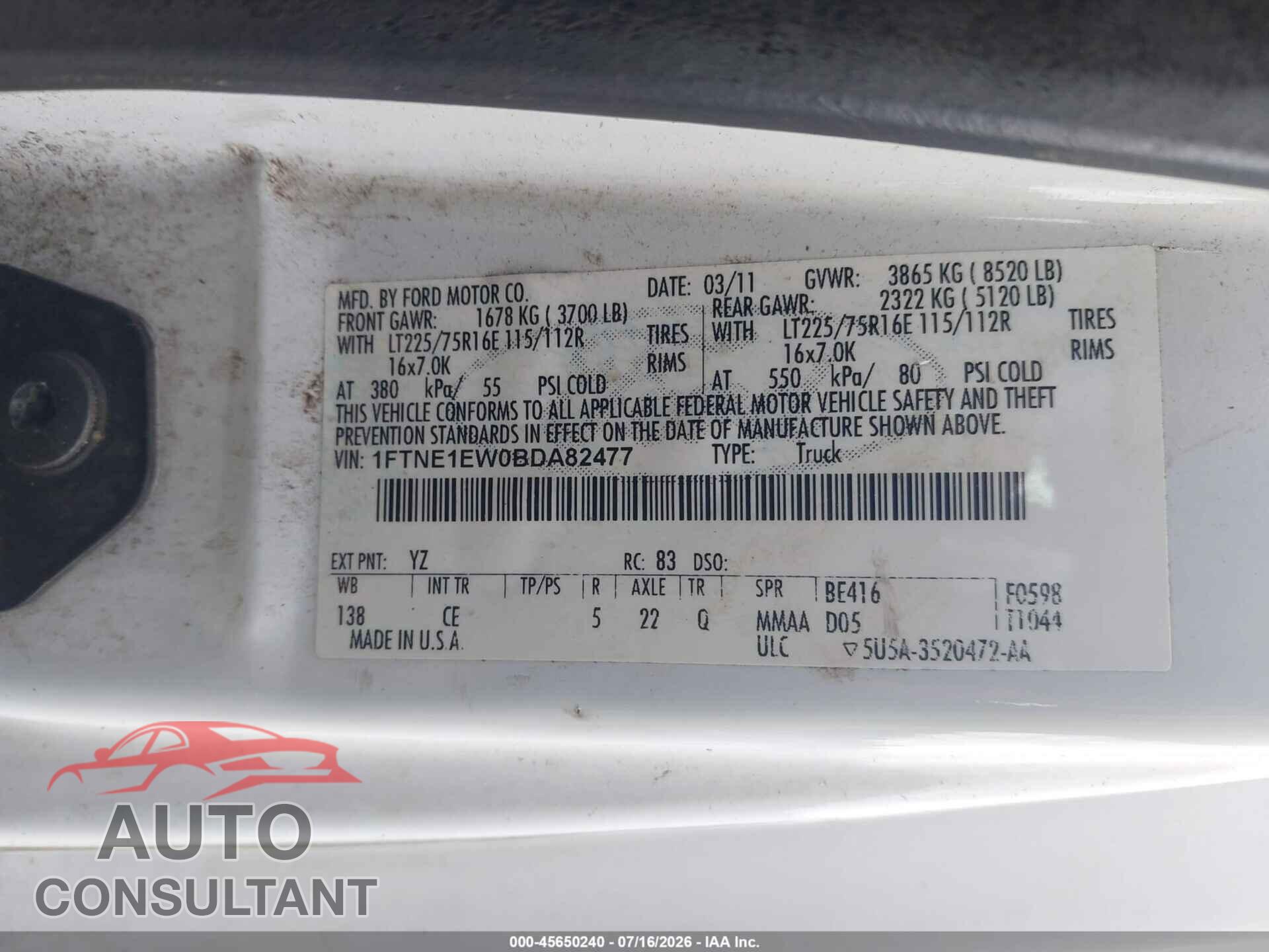 FORD E-150 2011 - 1FTNE1EW0BDA82477