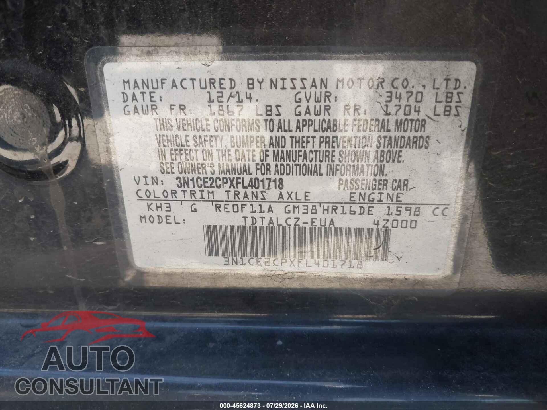 NISSAN VERSA NOTE 2015 - 3N1CE2CPXFL401718