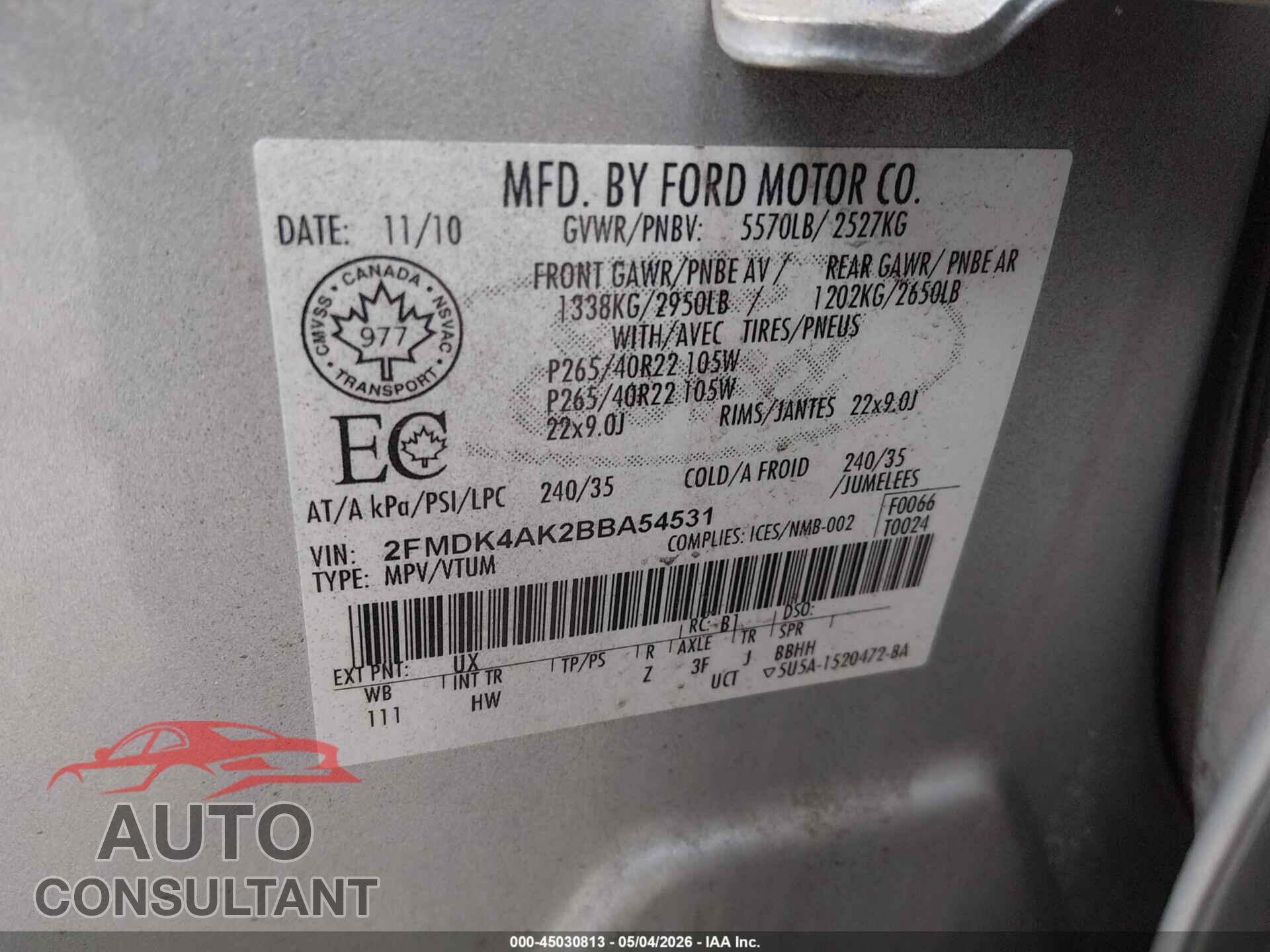 FORD EDGE 2011 - 2FMDK4AK2BBA54531