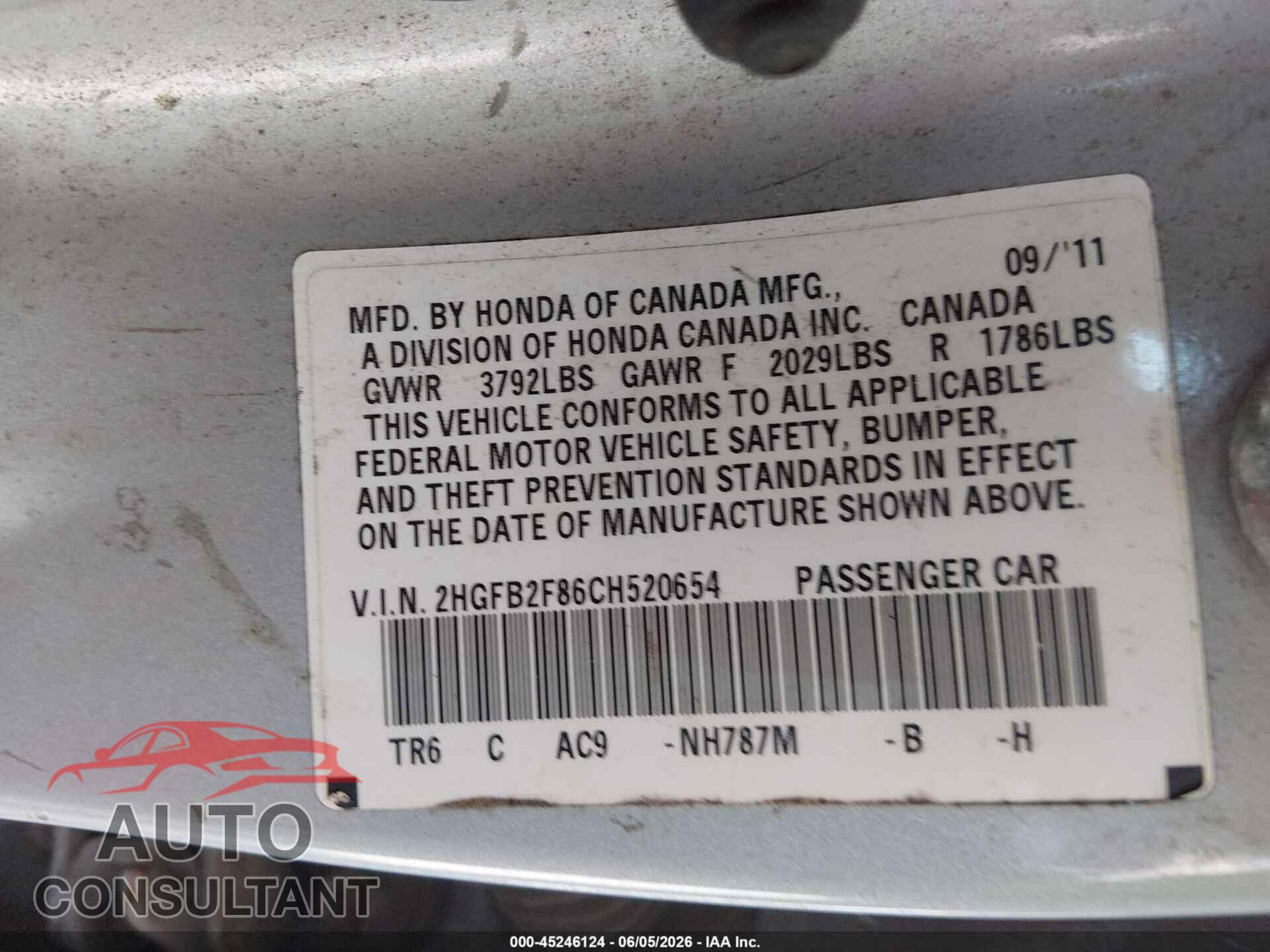 HONDA CIVIC 2012 - 2HGFB2F86CH520654