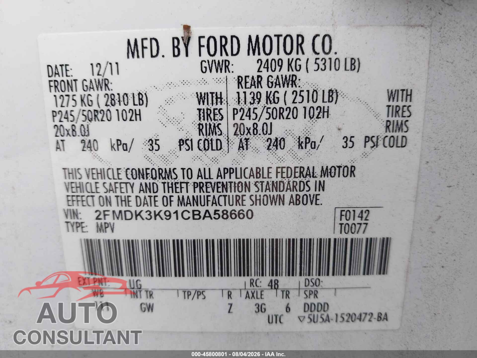 FORD EDGE 2012 - 2FMDK3K91CBA58660
