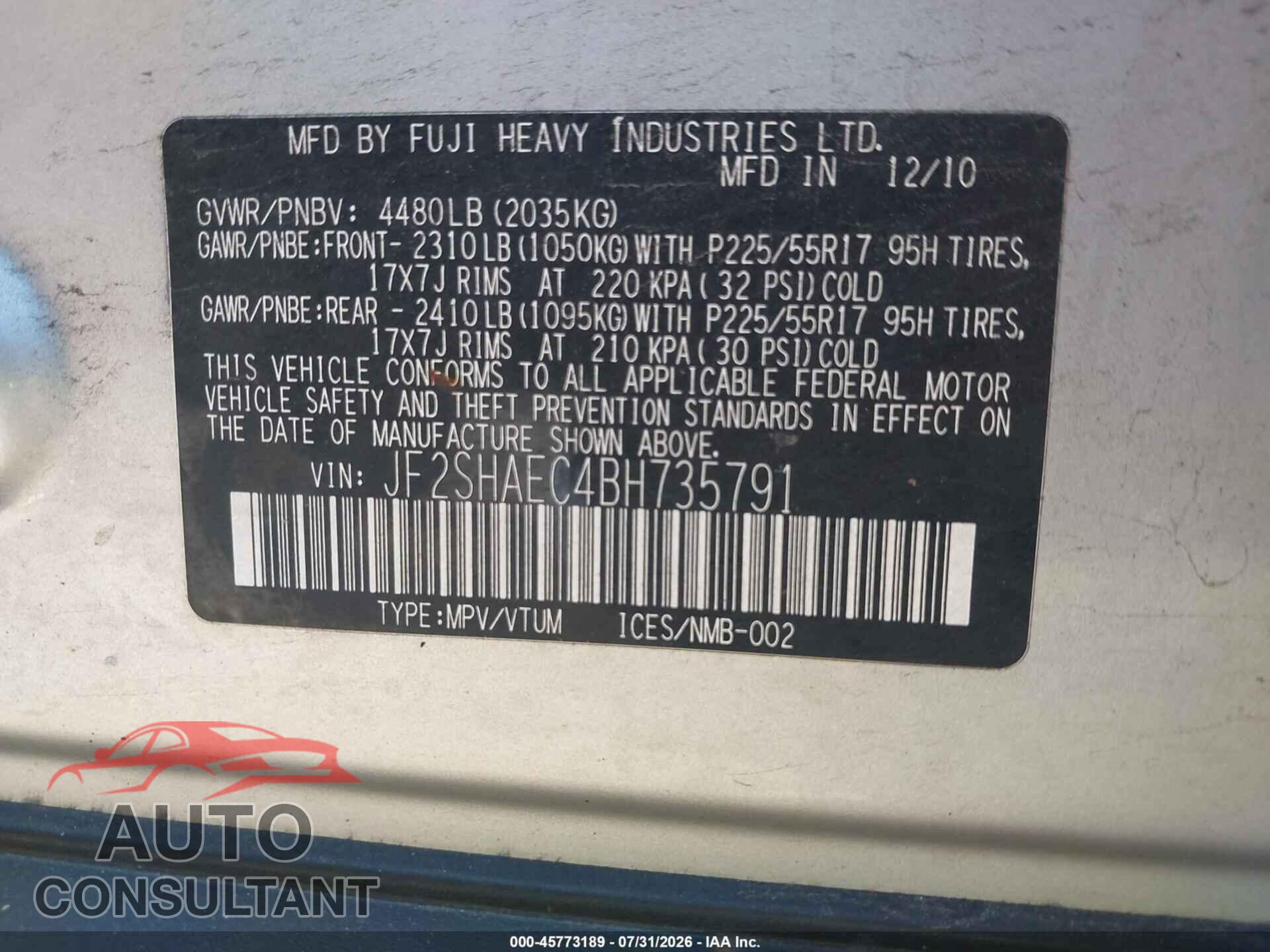 SUBARU FORESTER 2011 - JF2SHAEC4BH735791