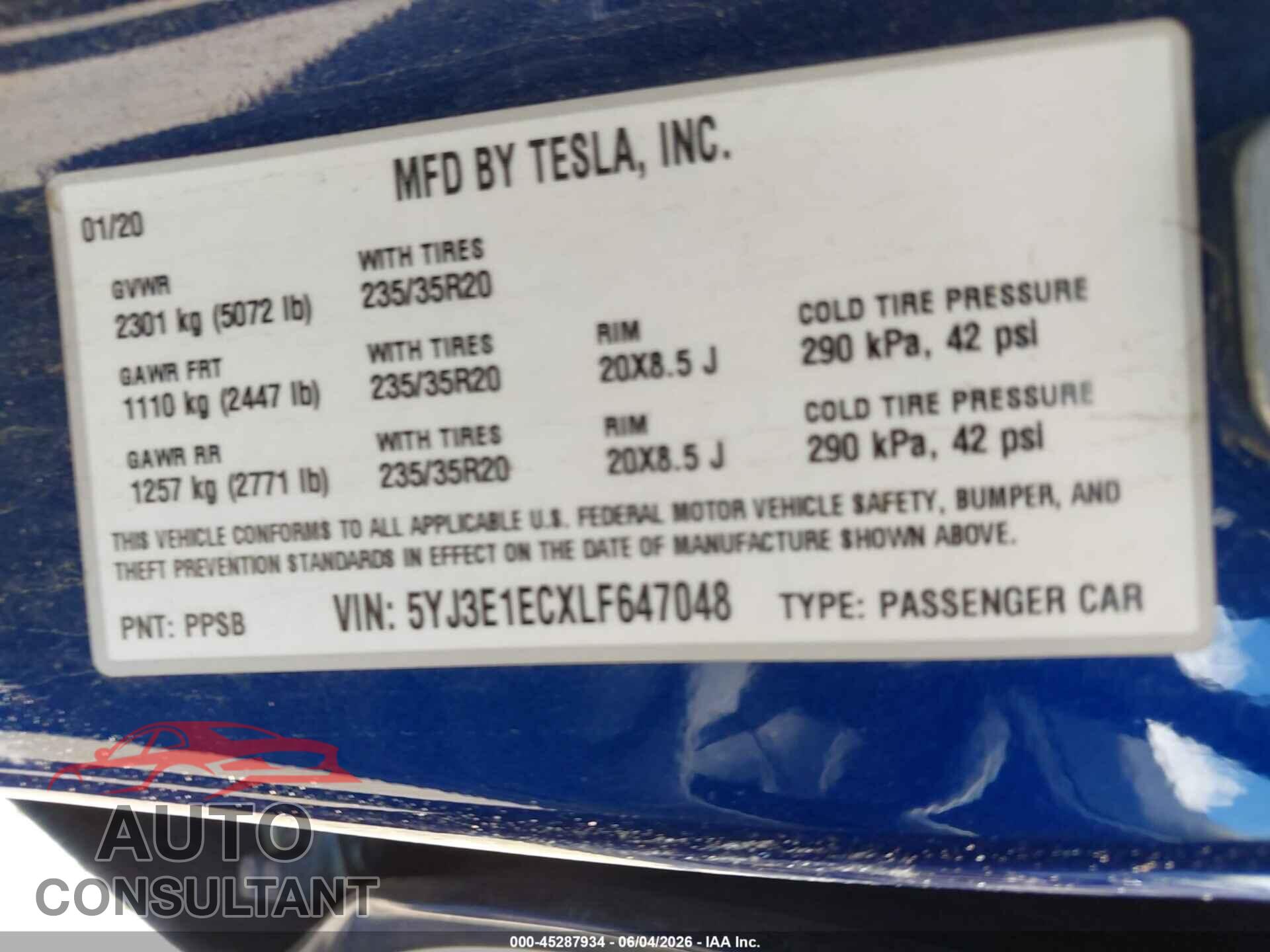 TESLA MODEL 3 2020 - 5YJ3E1ECXLF647048