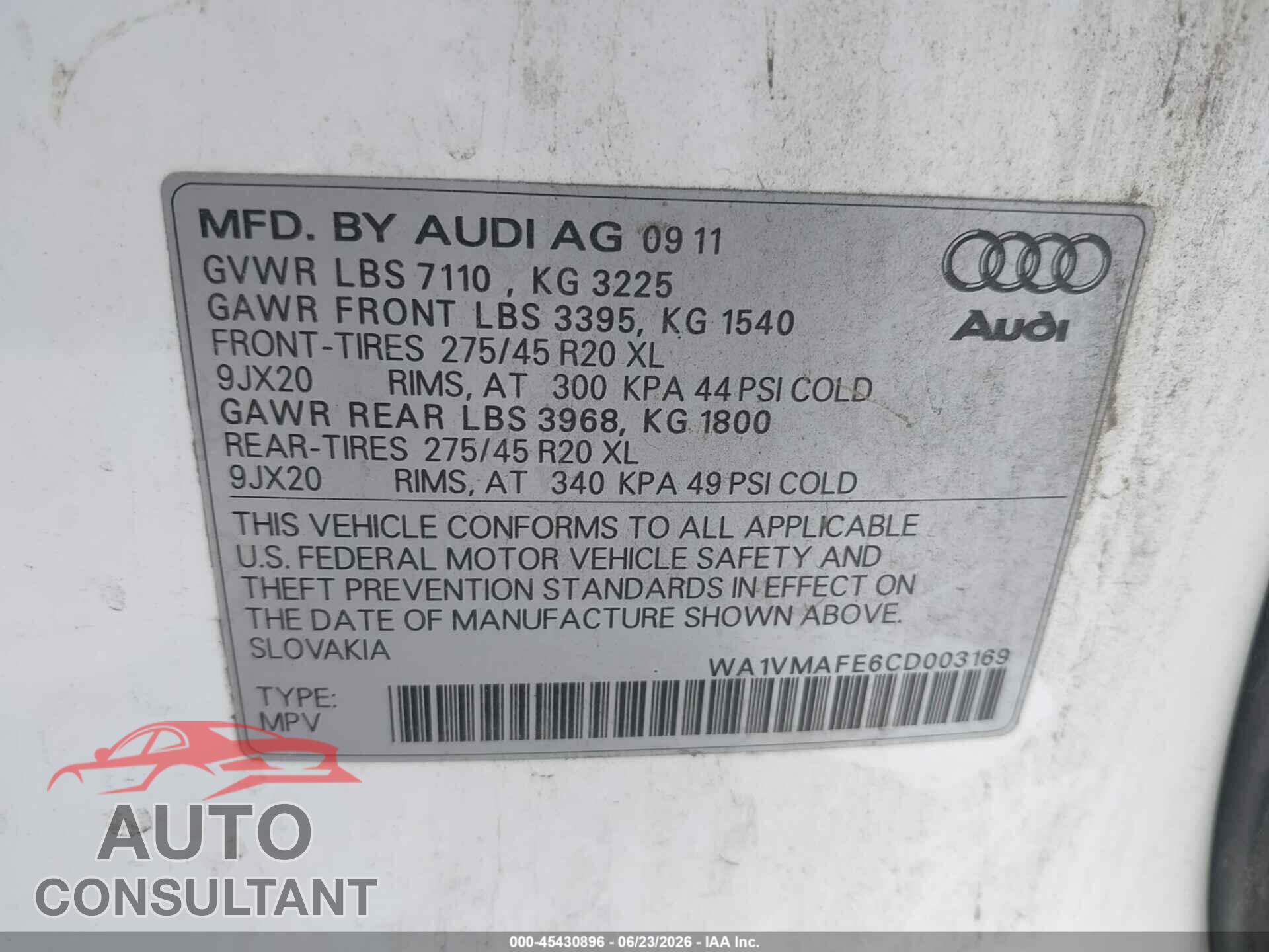 AUDI Q7 2012 - WA1VMAFE6CD003169