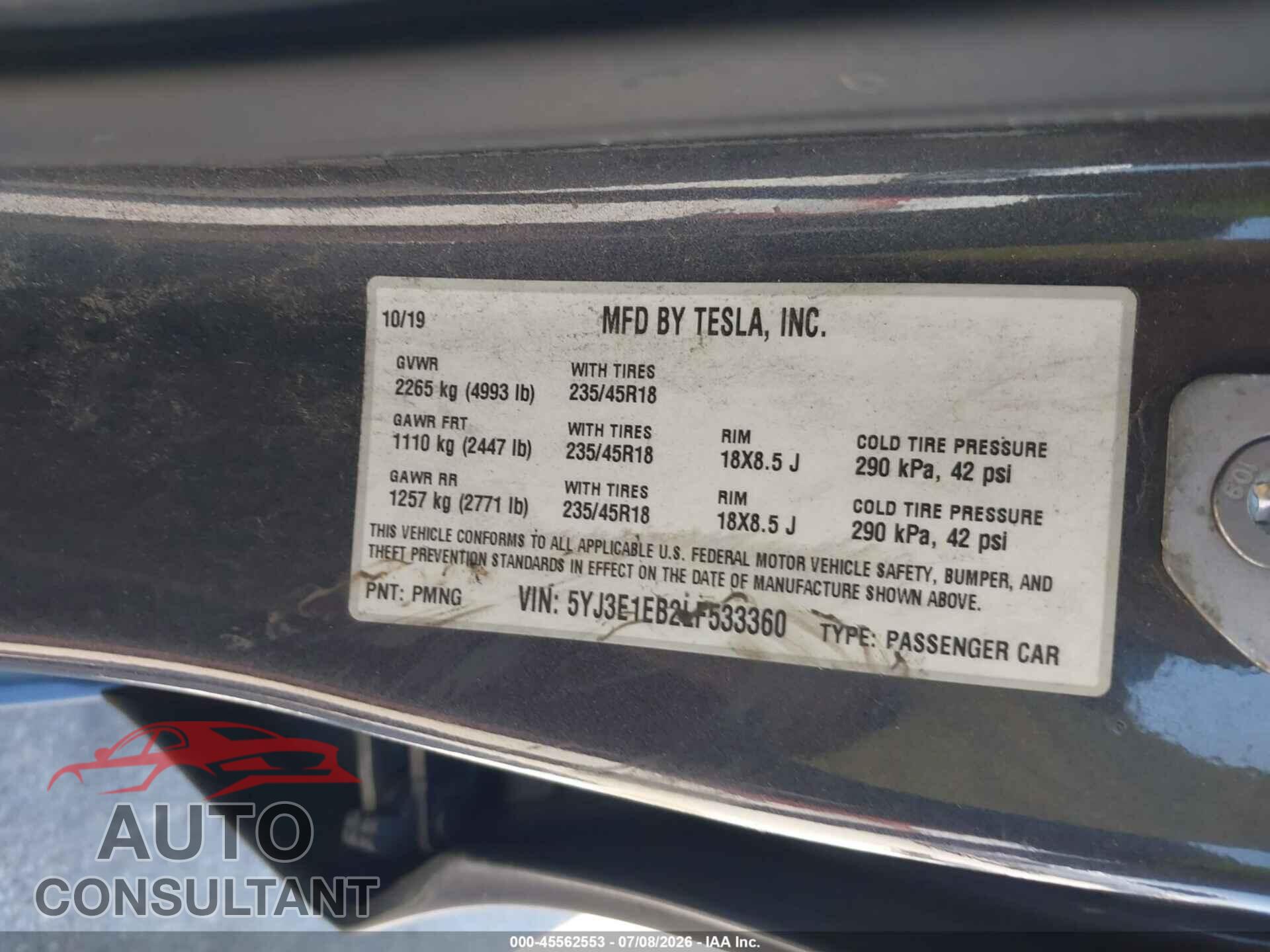TESLA MODEL 3 2020 - 5YJ3E1EB2LF533360