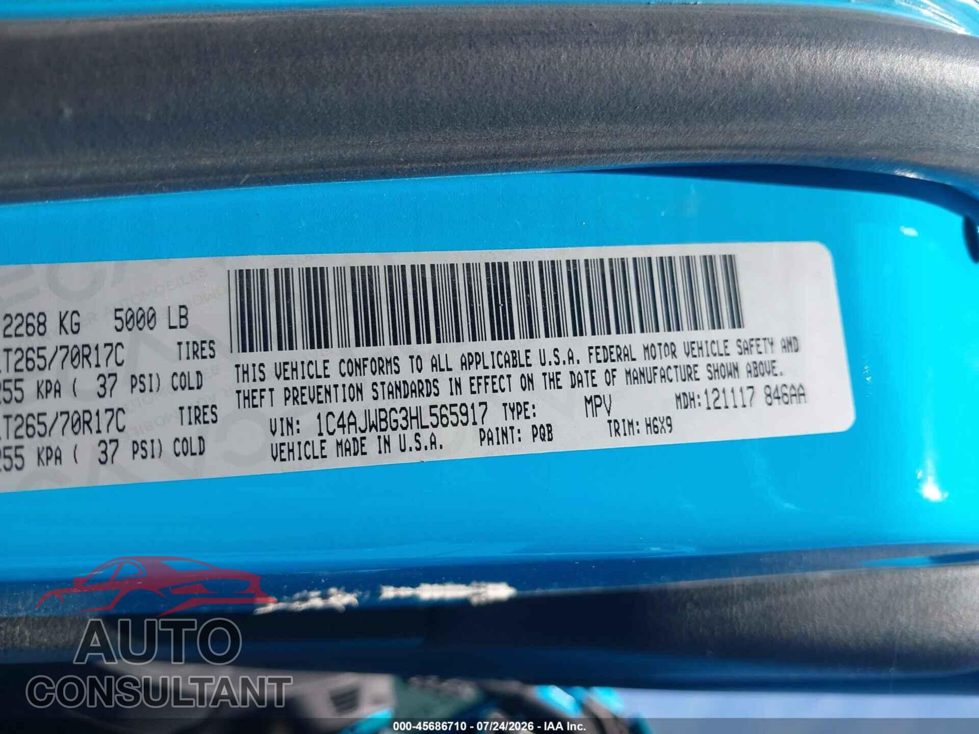 JEEP WRANGLER 2017 - 1C4AJWBG3HL565917