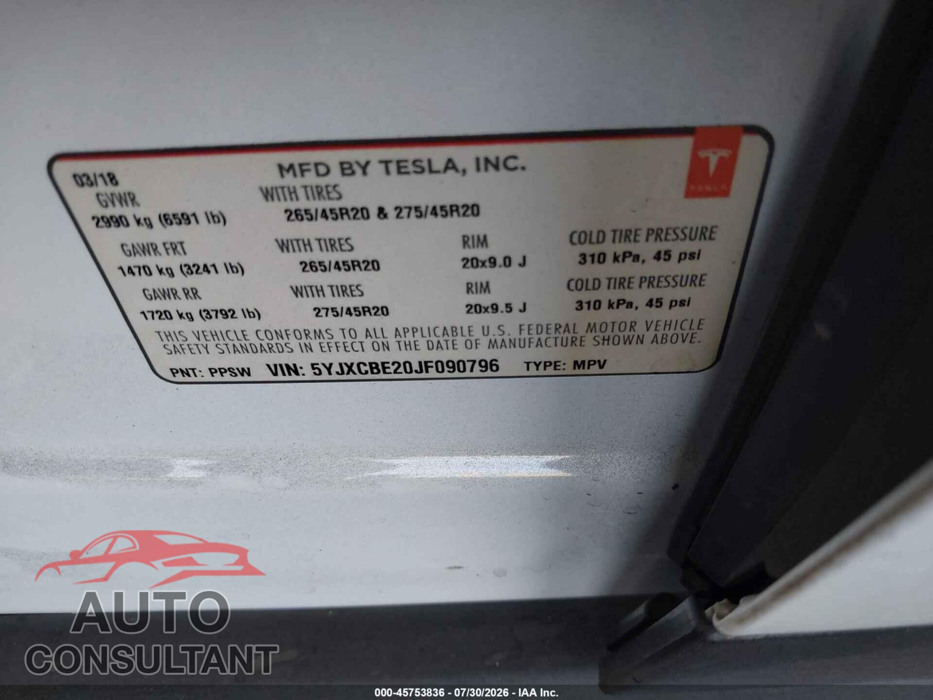 TESLA MODEL X 2018 - 5YJXCBE20JF090796