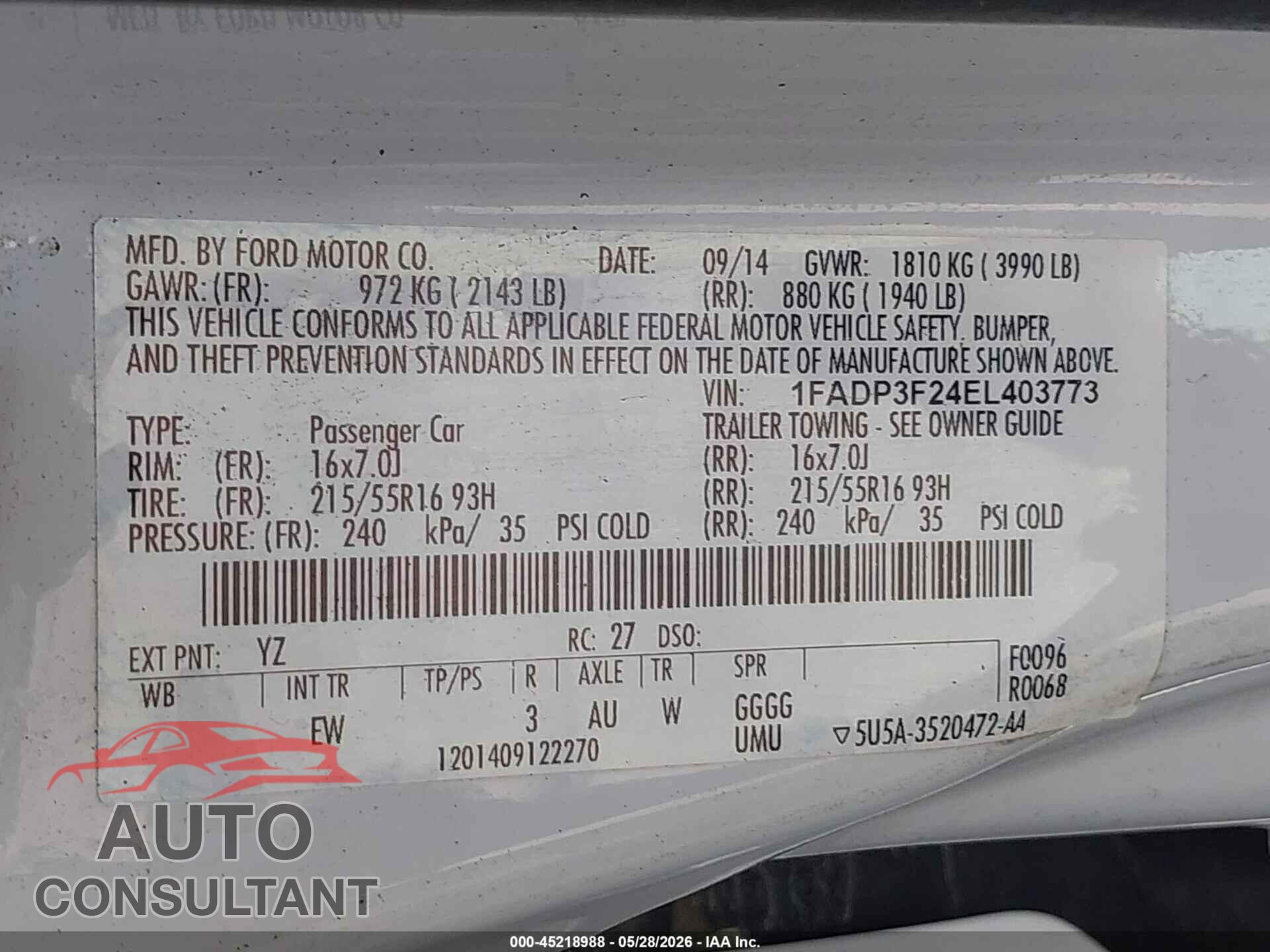 FORD FOCUS 2014 - 1FADP3F24EL403773