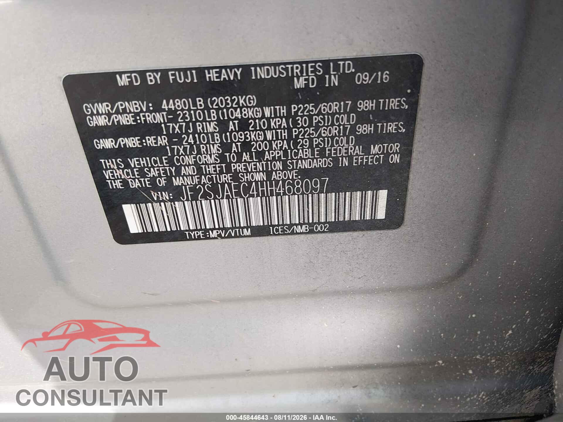 SUBARU FORESTER 2017 - JF2SJAEC4HH468097