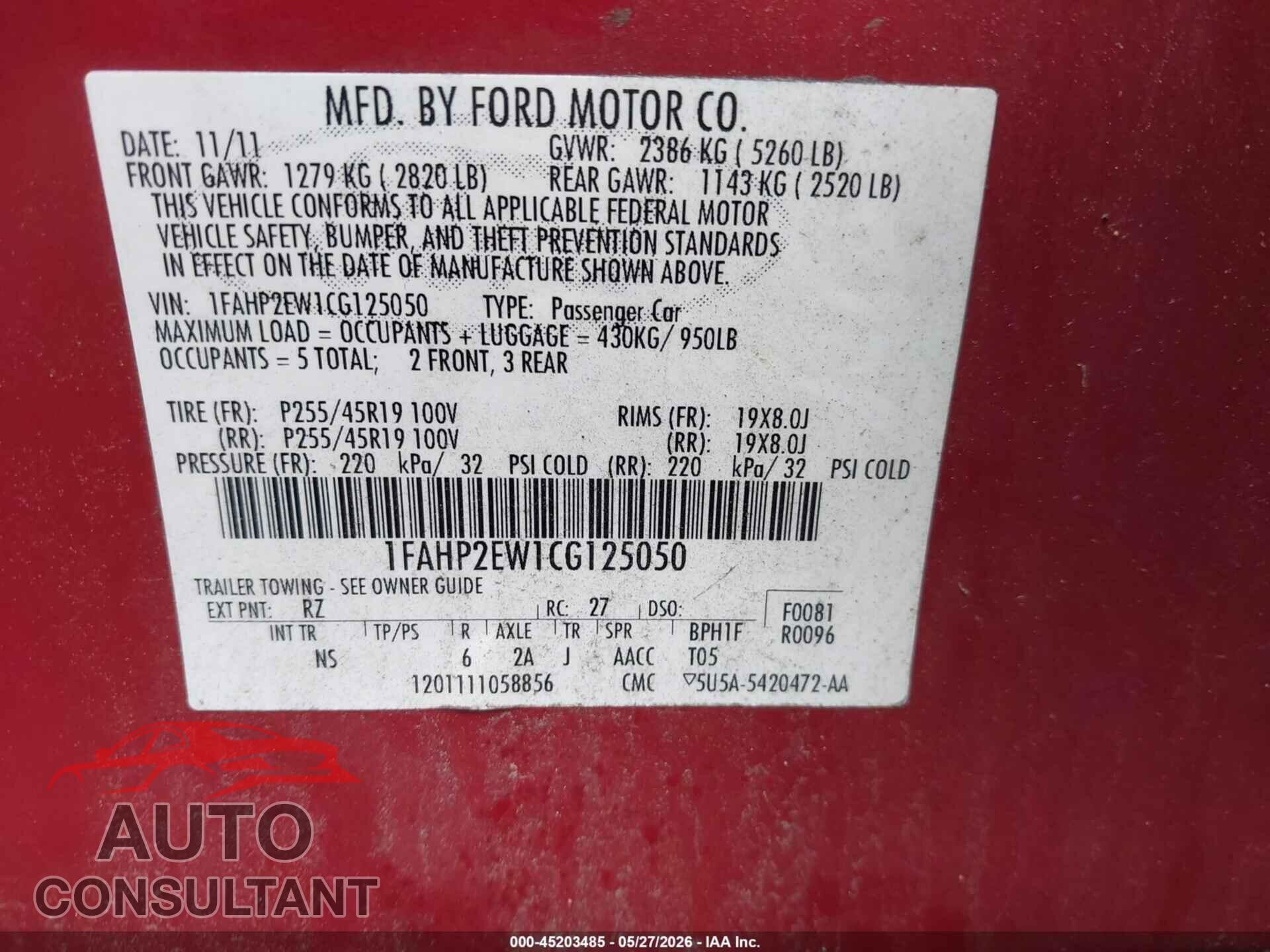 FORD TAURUS 2012 - 1FAHP2EW1CG125050
