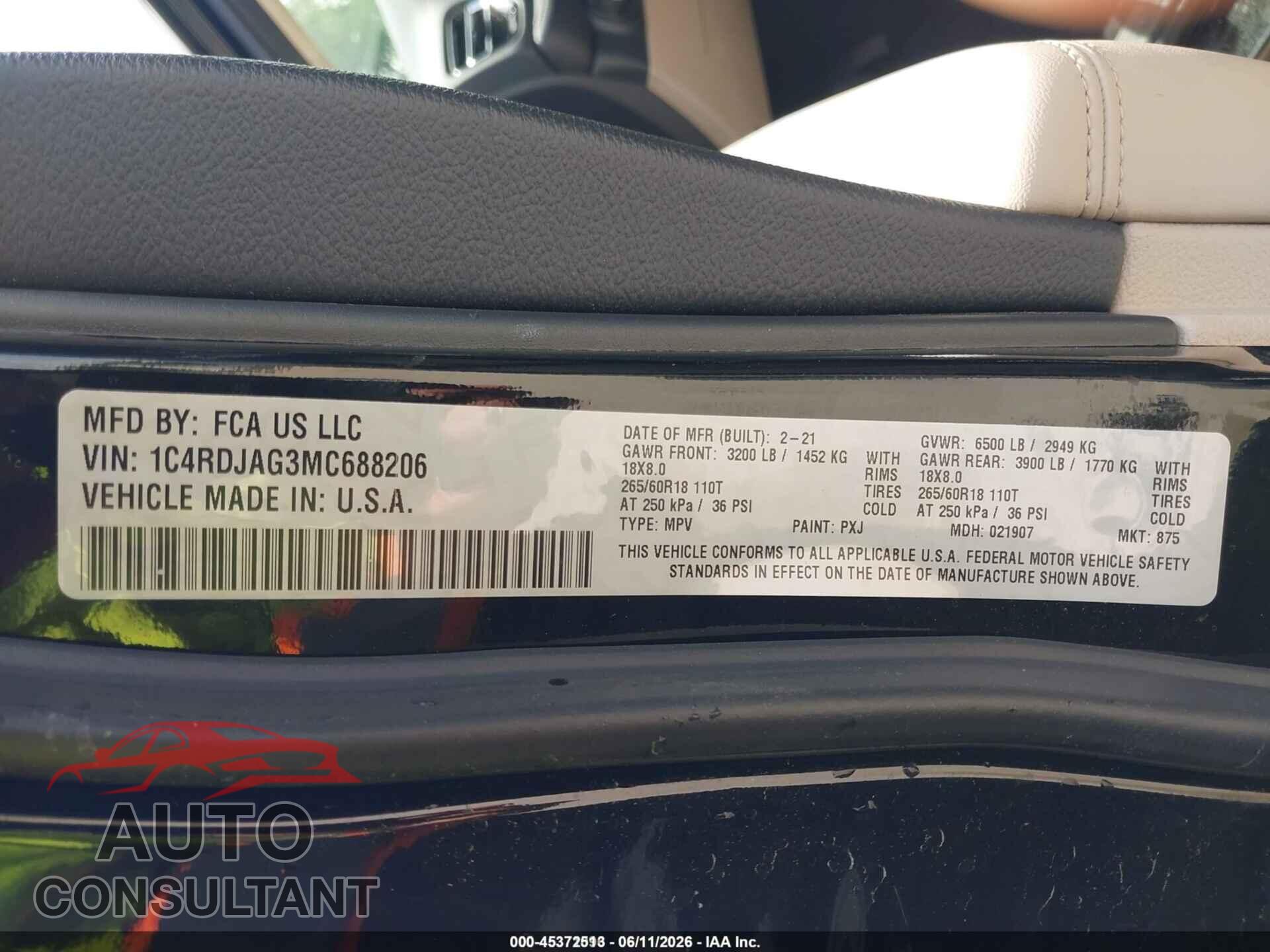 DODGE DURANGO 2021 - 1C4RDJAG3MC688206