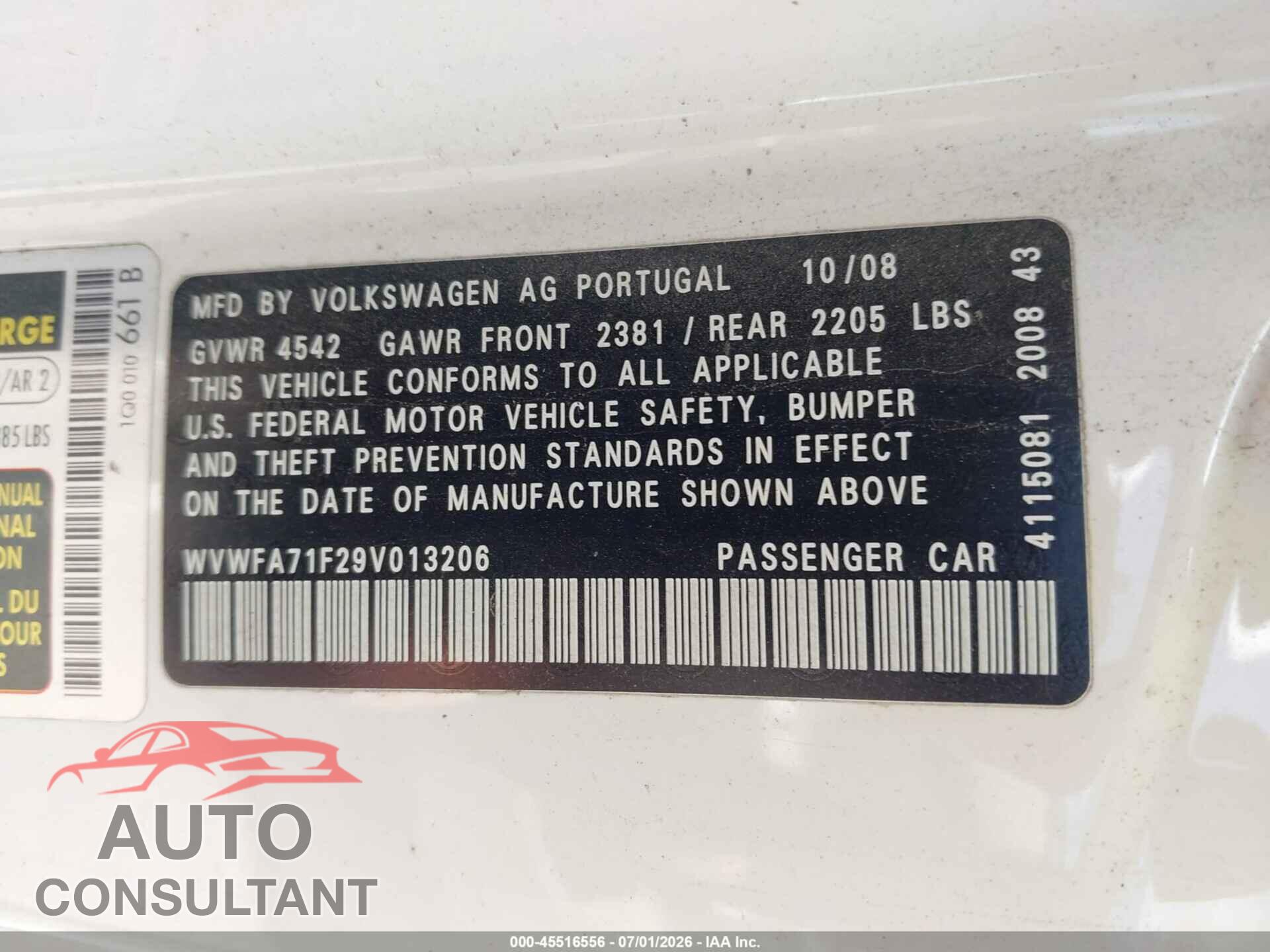 VOLKSWAGEN EOS 2009 - WVWFA71F29V013206