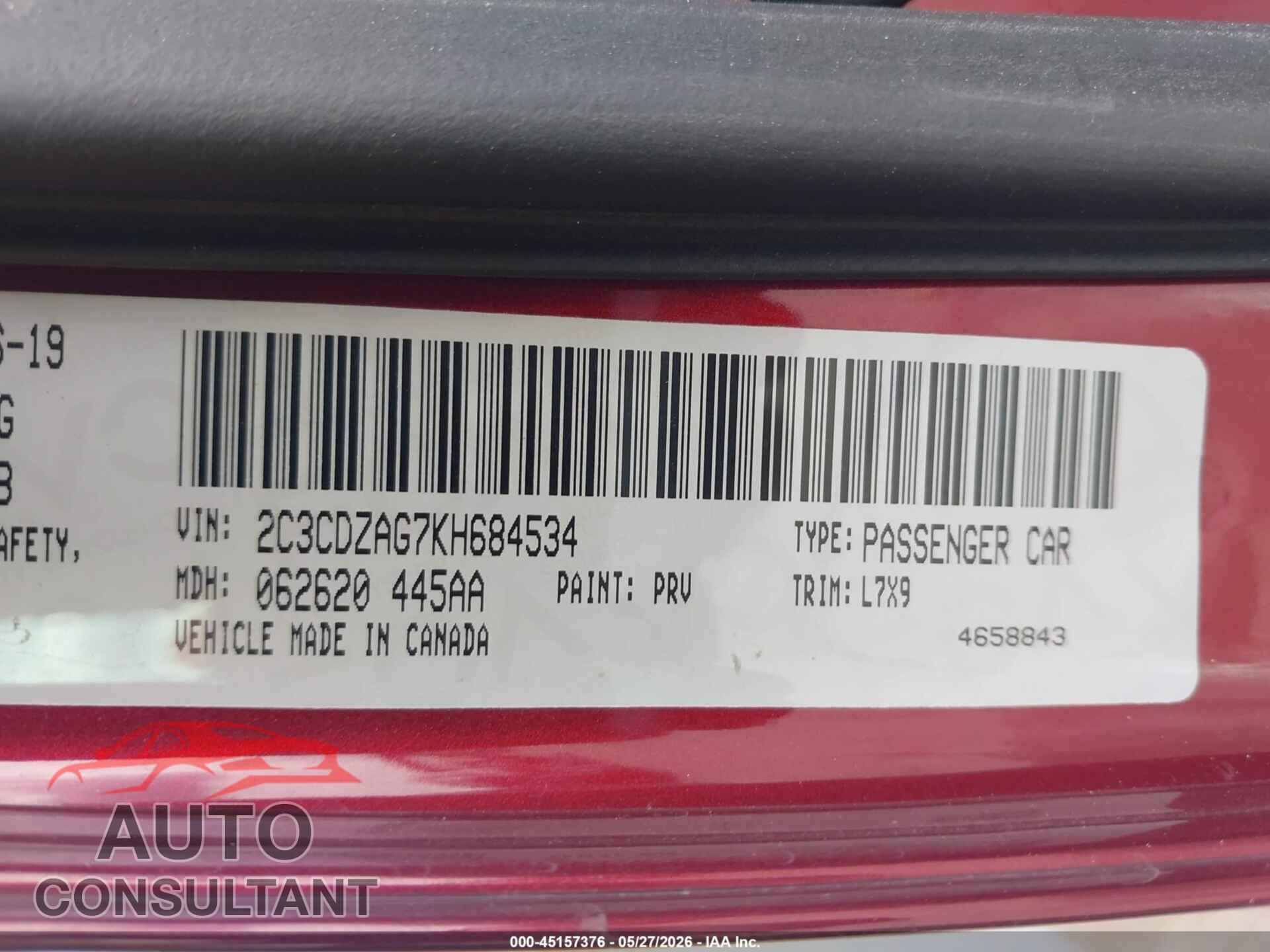 DODGE CHALLENGER 2019 - 2C3CDZAG7KH684534