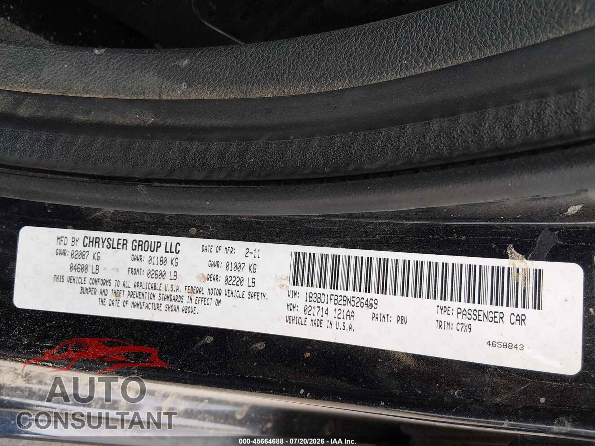 DODGE AVENGER 2011 - 1B3BD1FB2BN526469