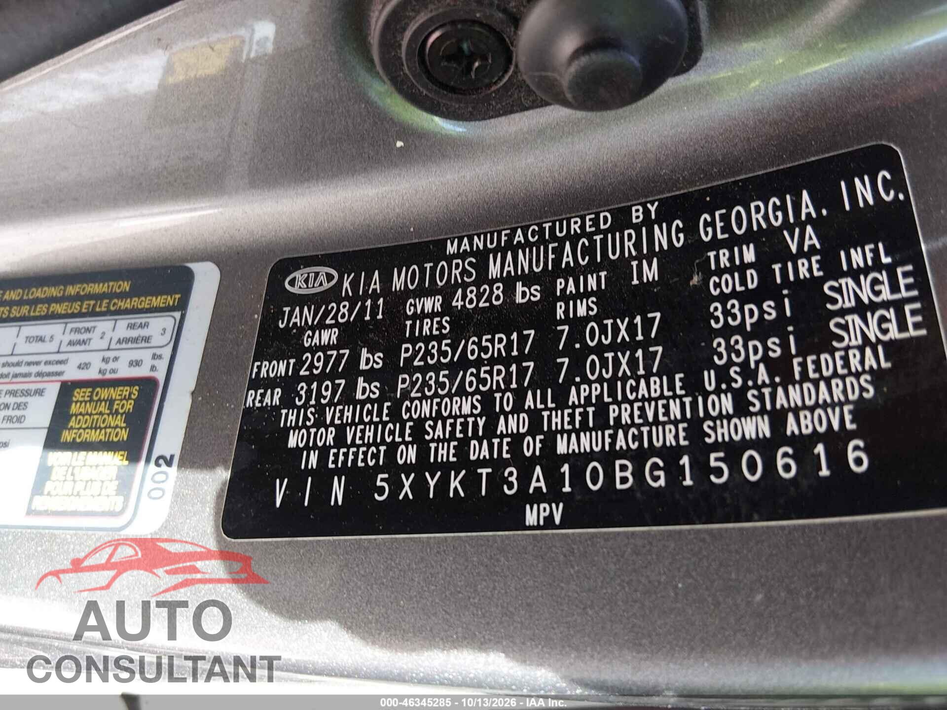 KIA SORENTO 2011 - 5XYKT3A10BG150616