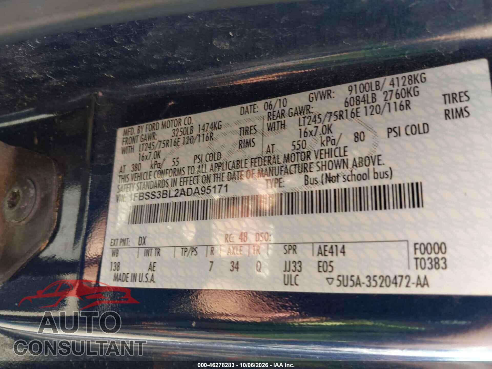 FORD E-350 SUPER DUTY 2010 - 1FBSS3BL2ADA95171