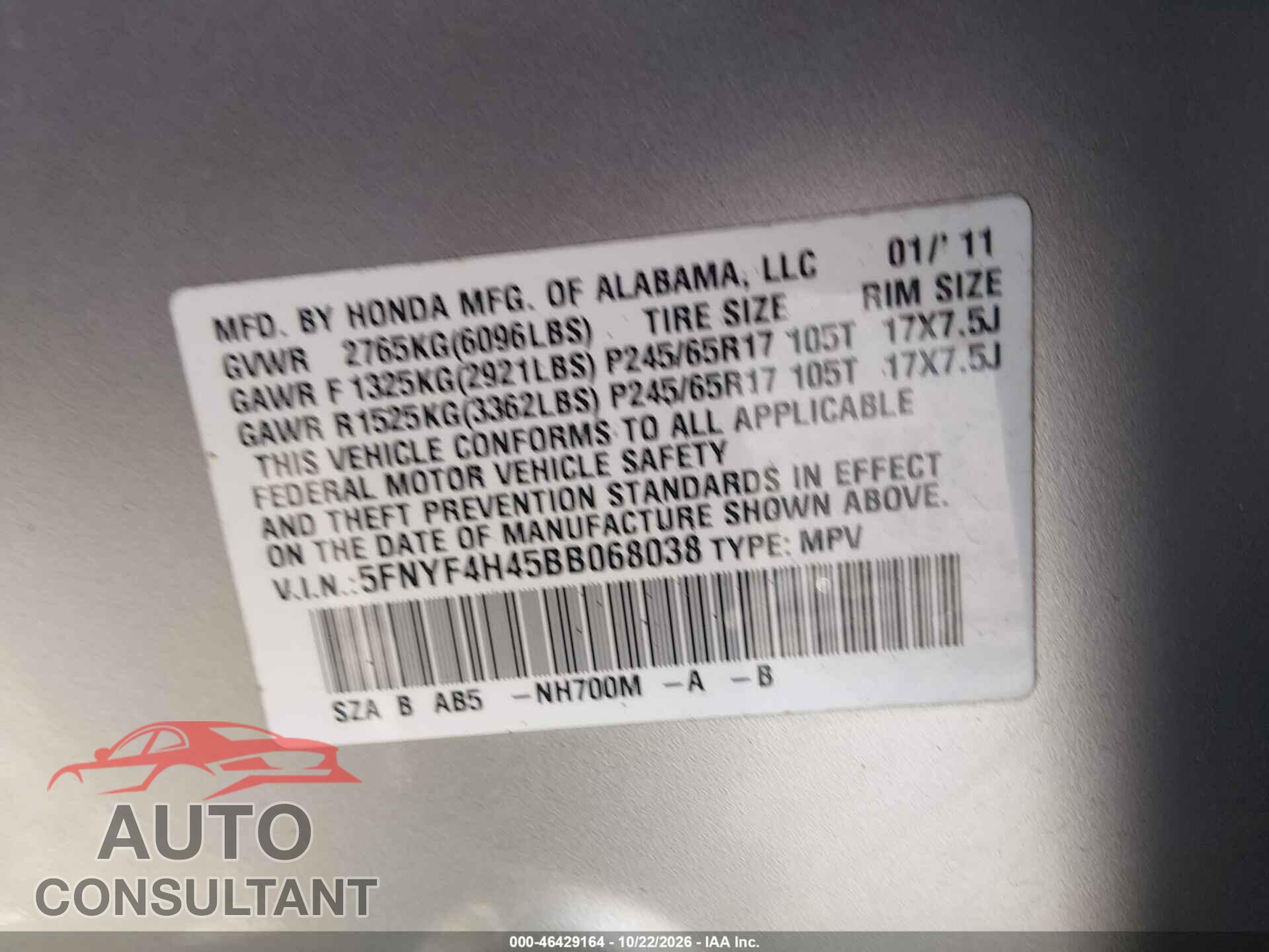 HONDA PILOT 2011 - 5FNYF4H45BB068038