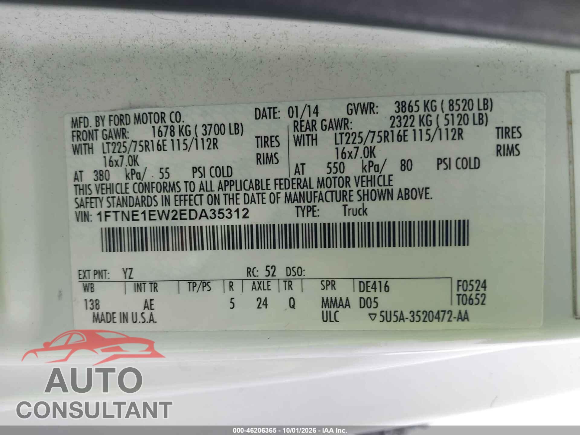 FORD E-150 2014 - 1FTNE1EW2EDA35312
