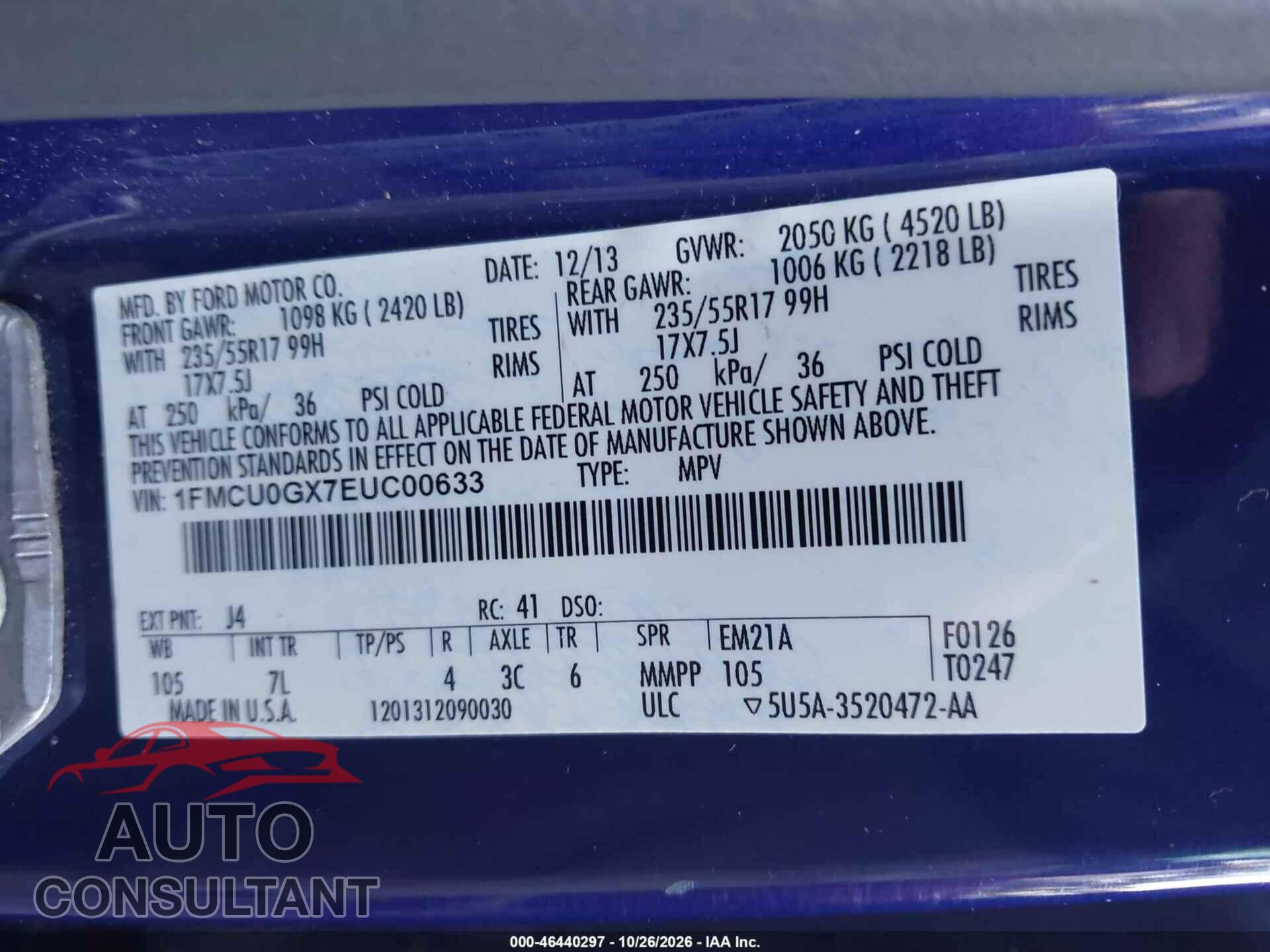 FORD ESCAPE 2014 - 1FMCU0GX7EUC00633