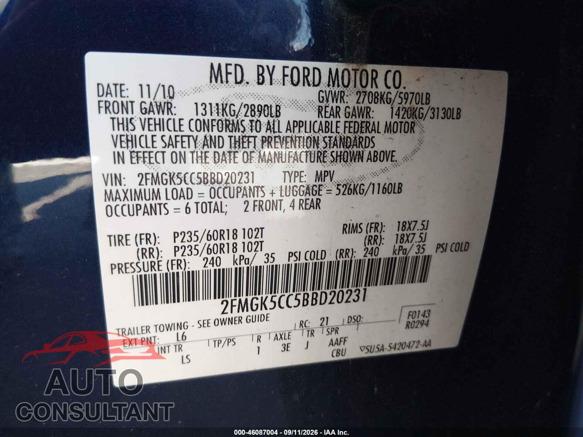 FORD FLEX 2011 - 2FMGK5CC5BBD20231