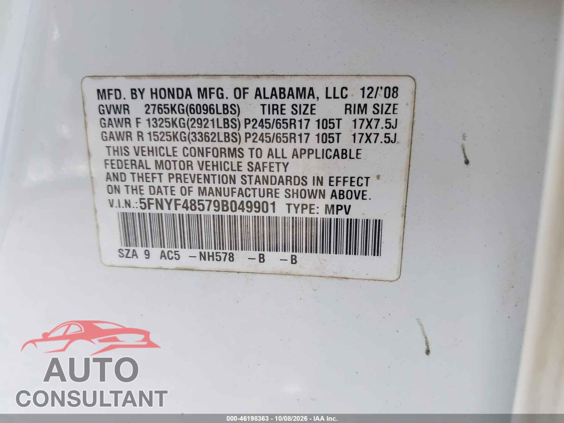 HONDA PILOT 2009 - 5FNYF48579B049901