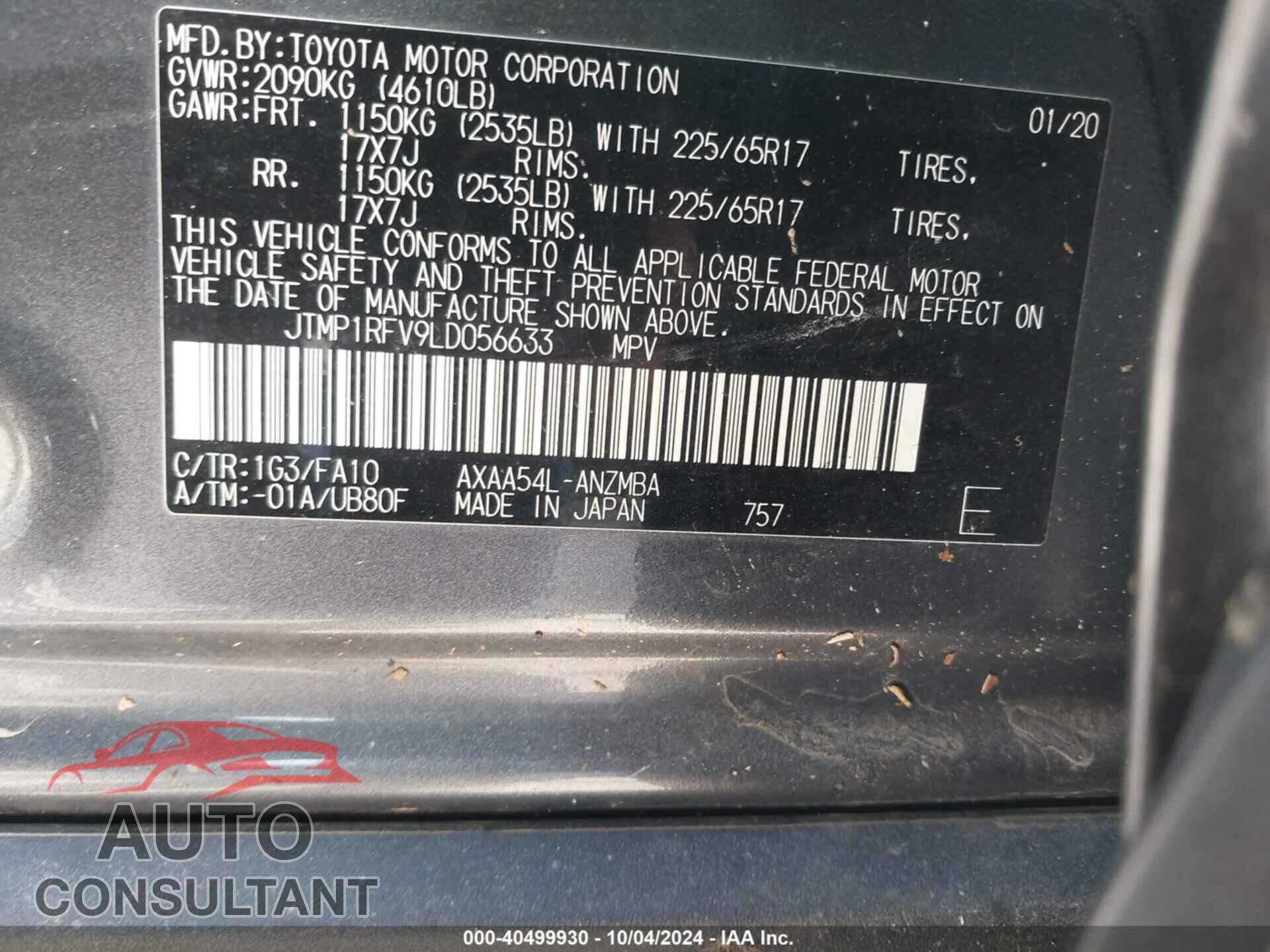 TOYOTA RAV4 2020 - JTMP1RFV9LD056633