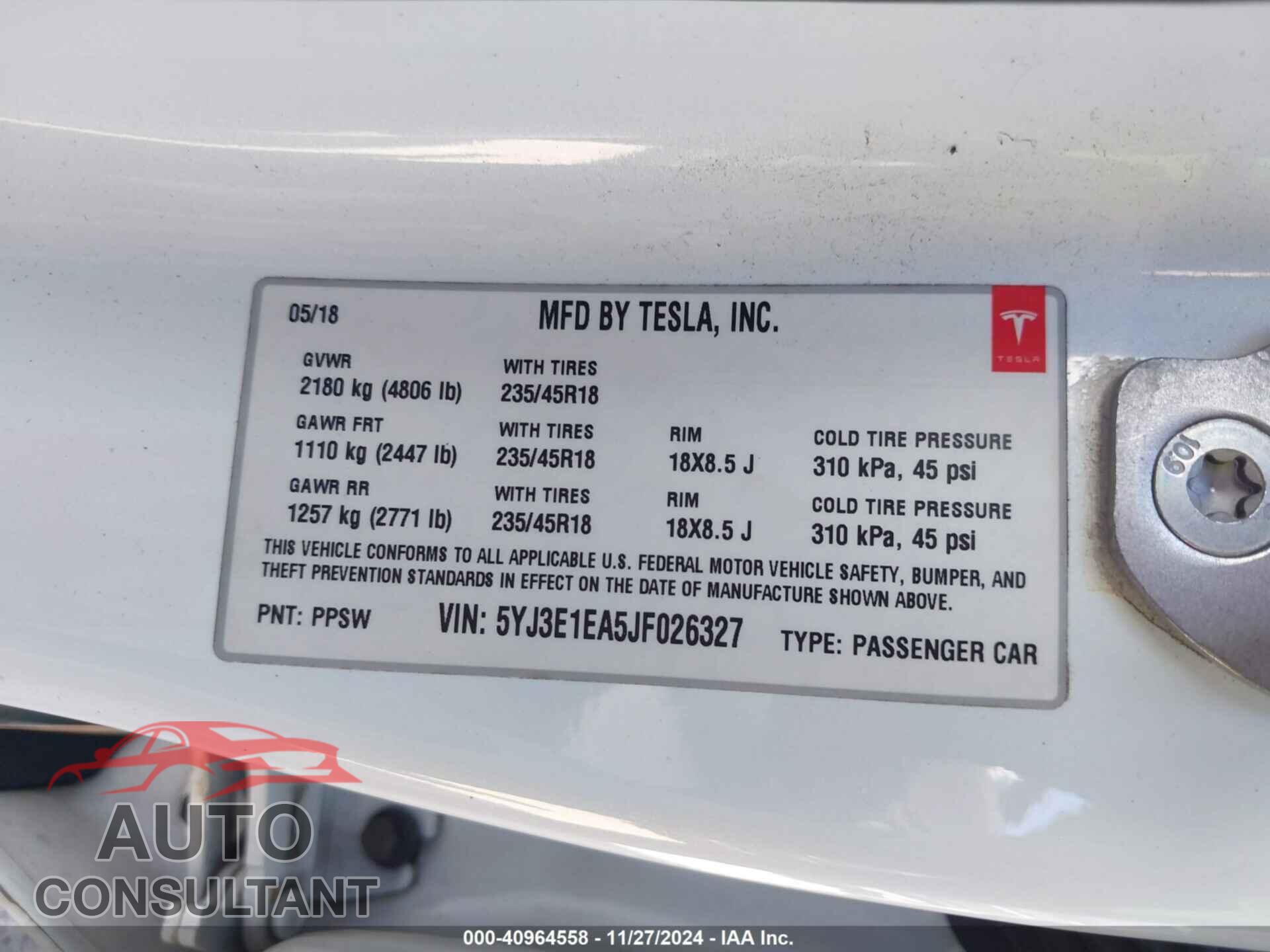 TESLA MODEL 3 2018 - 5YJ3E1EA5JF026327