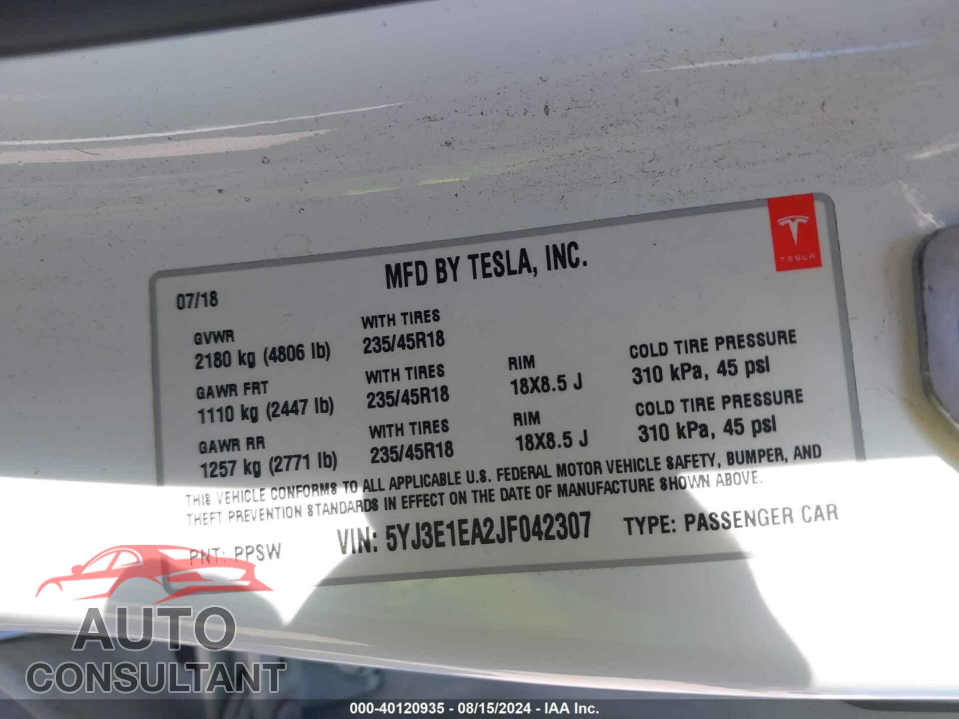 TESLA MODEL 3 2018 - 5YJ3E1EA2JF042307