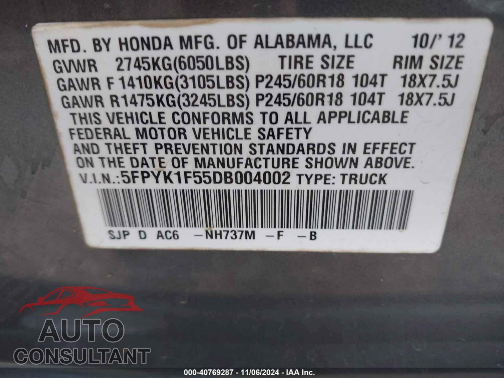 HONDA RIDGELINE 2013 - 5FPYK1F55DB004002